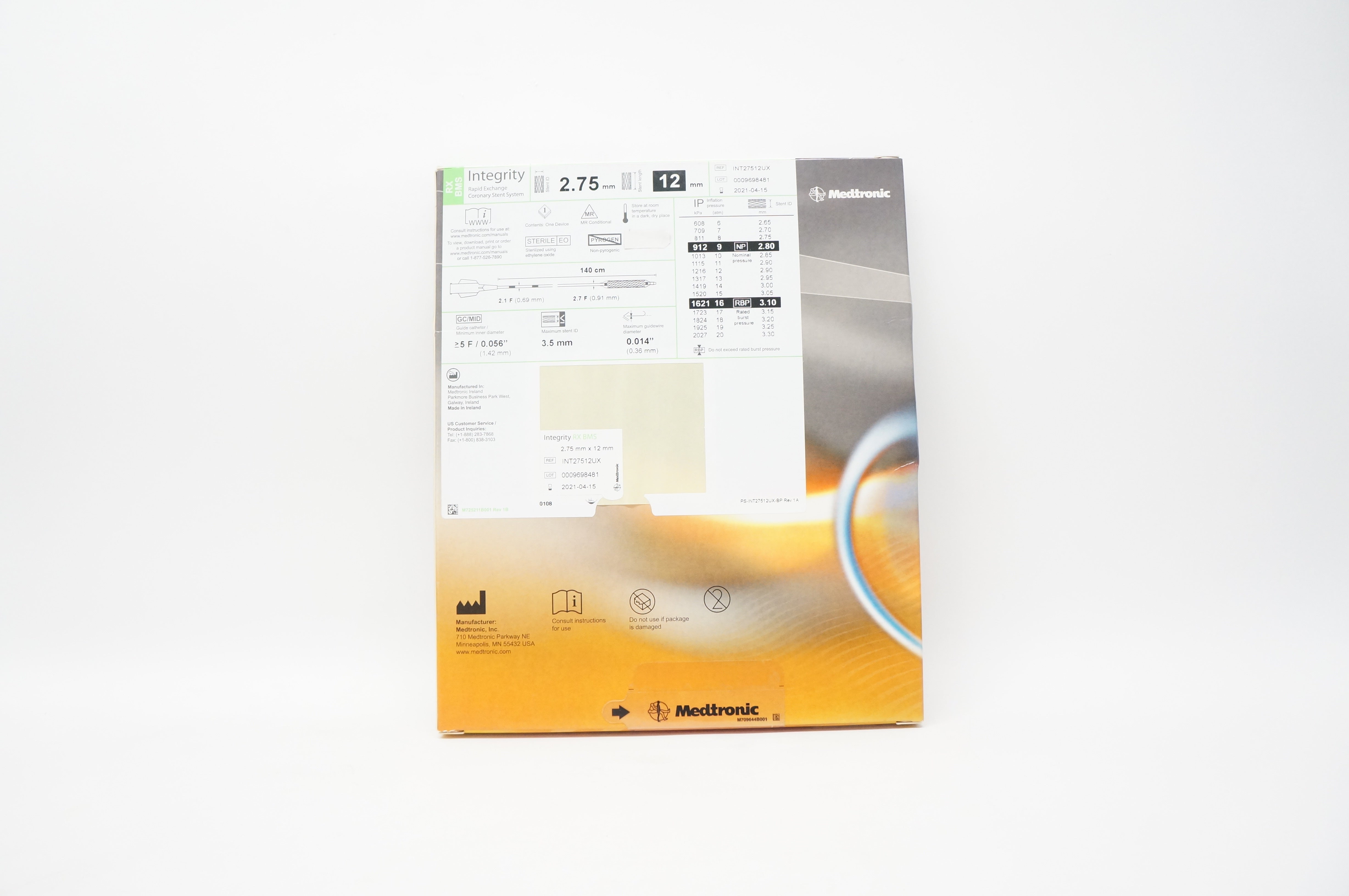 Medtronic INT27512UX Integrity Rapid Exchange Coronary Stnt System 2.75x12mm(x)