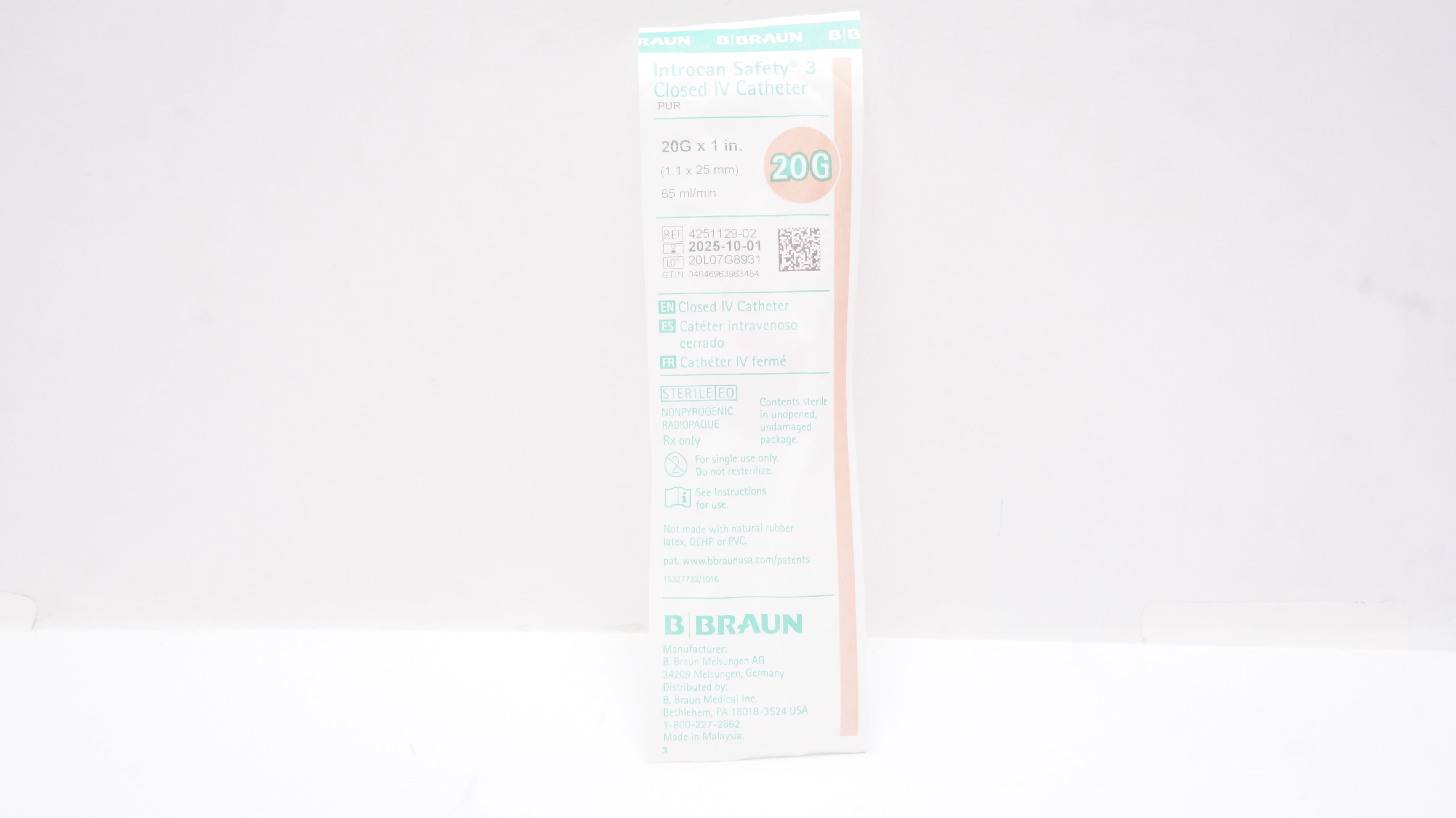 Braun 4251129-02 Introcan Safety 3 Closed IV Cath. 20G x 1 inch x 65mL/min