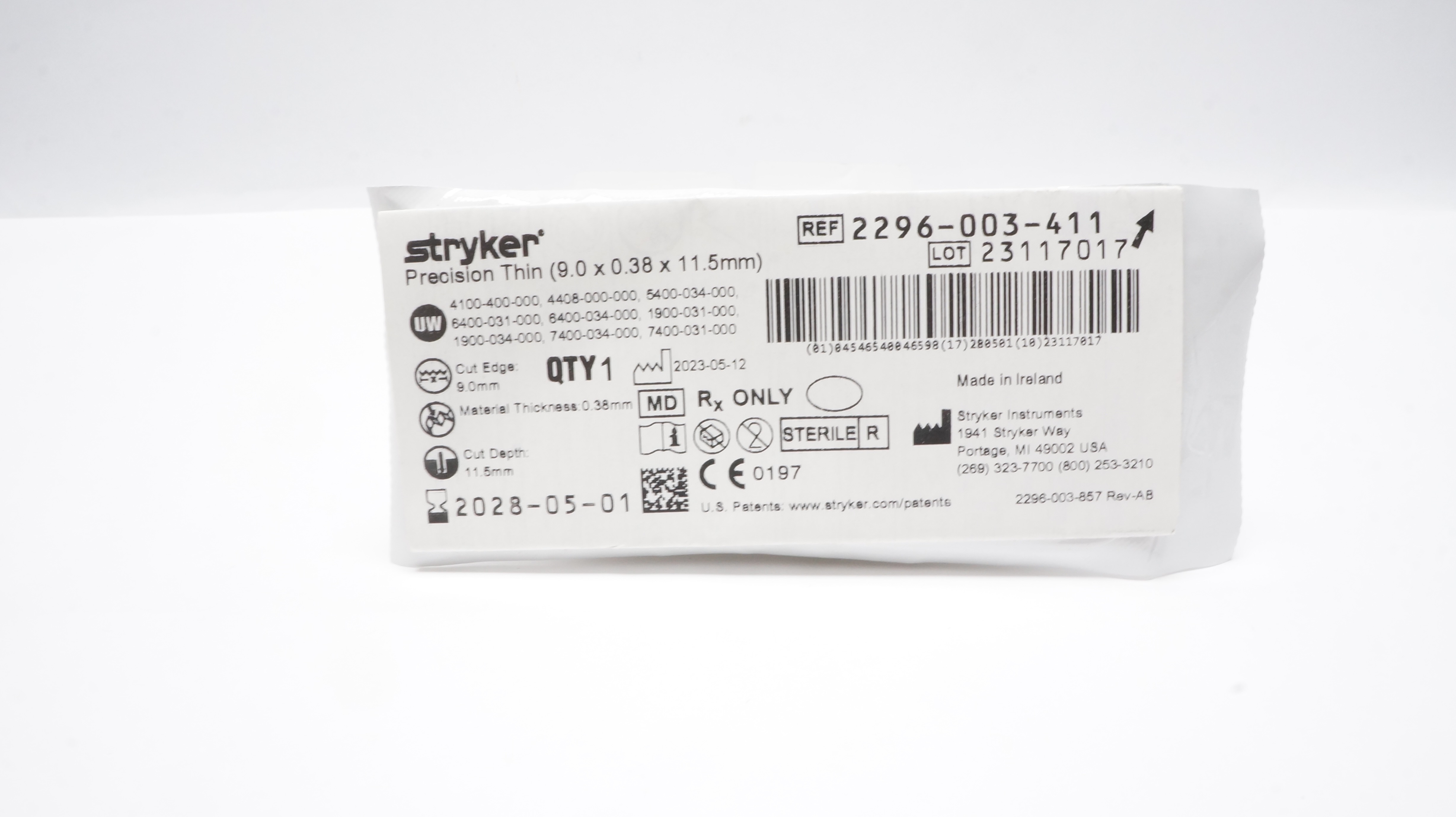 Stryker 2296-003-411 Precision Thin Blade 9.0 x 0.38 x 11.5mm