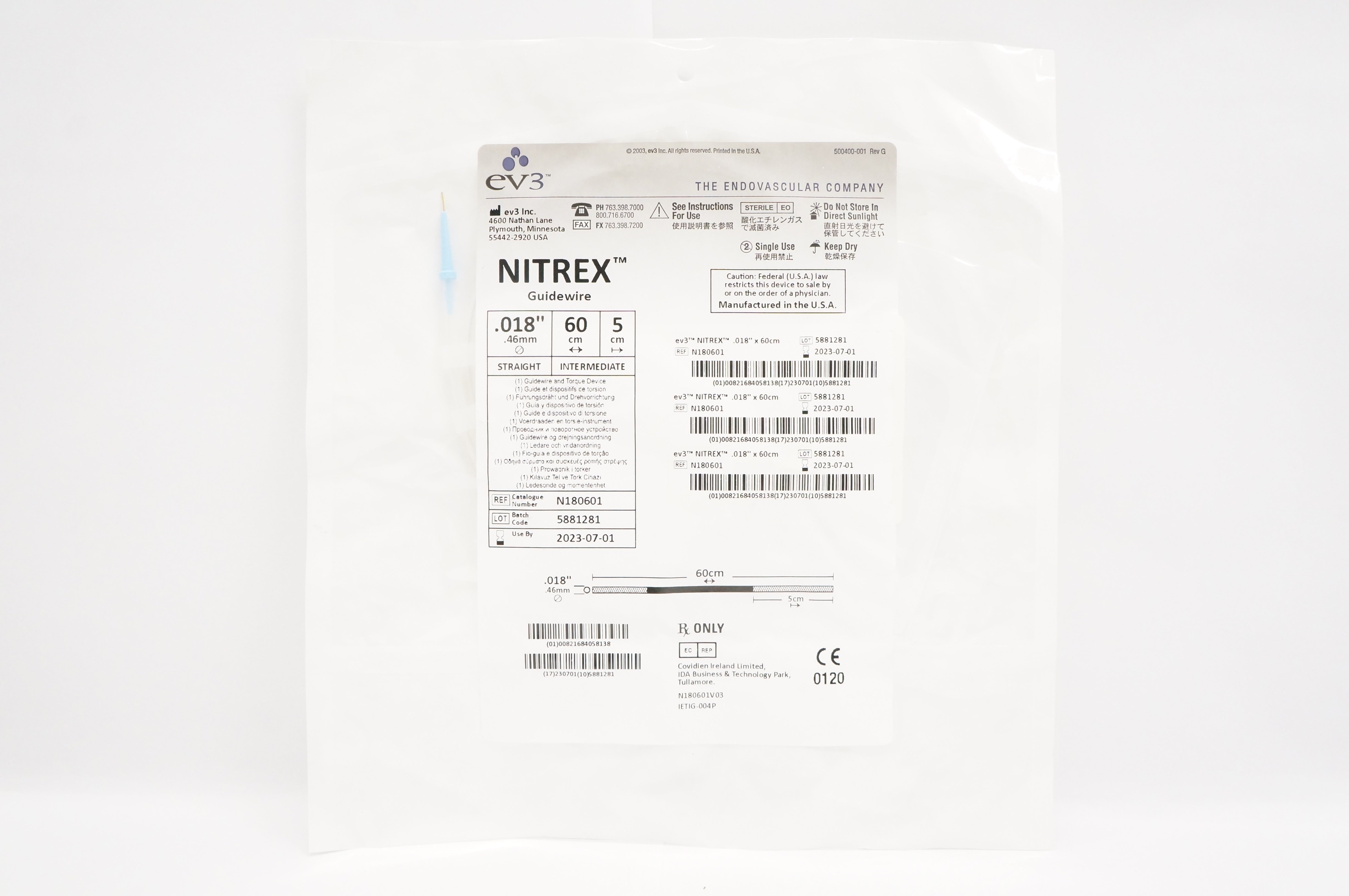ev3 N180601 Nitrex Guidewire and Torque Device .018inch x 60cm x 5cm