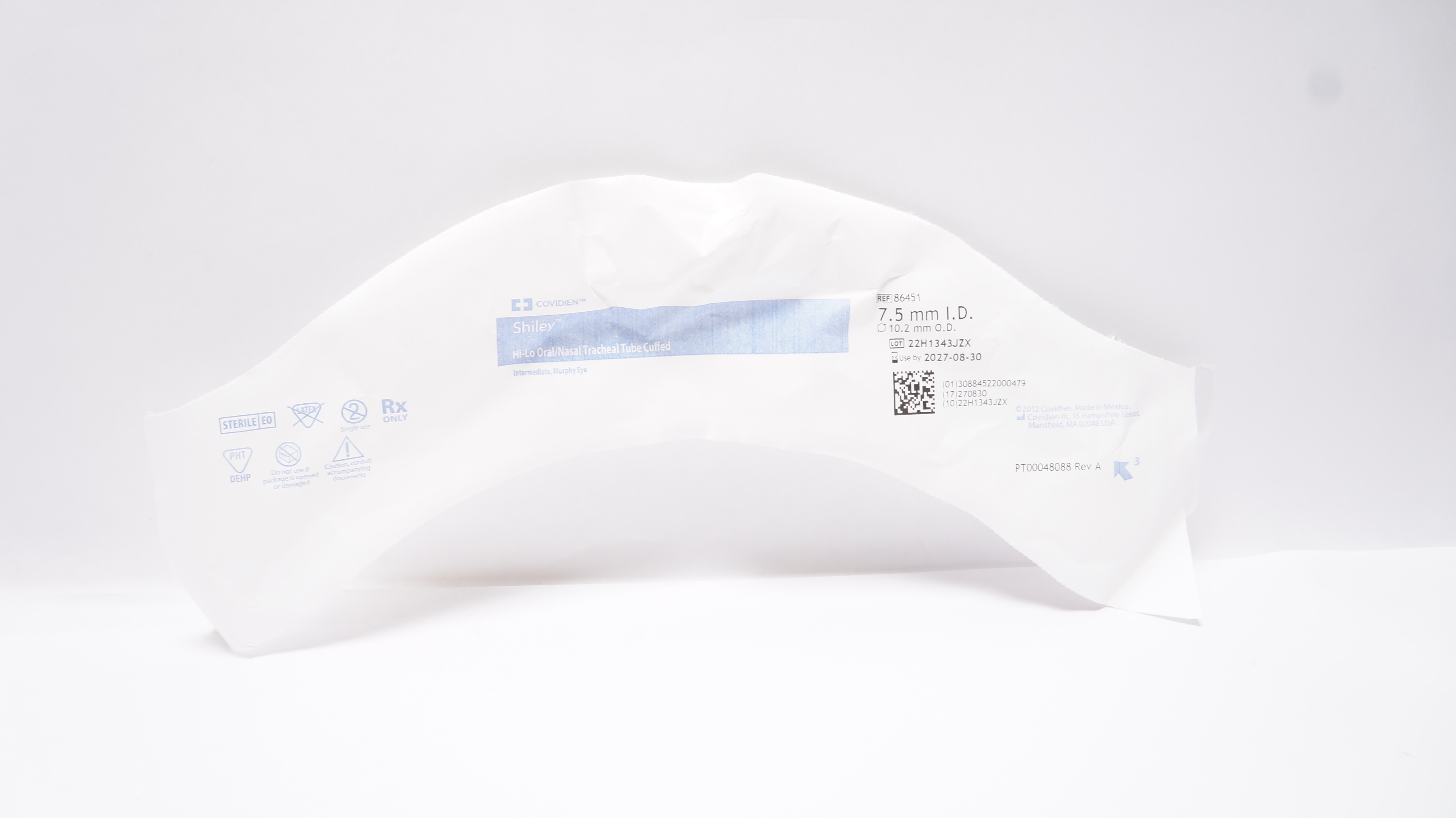 Covidien 86451 Shiley Hi-Lo Oral/Nazal Tracheal Tube Cuffed 7.5mm ID x 10.2mm OD