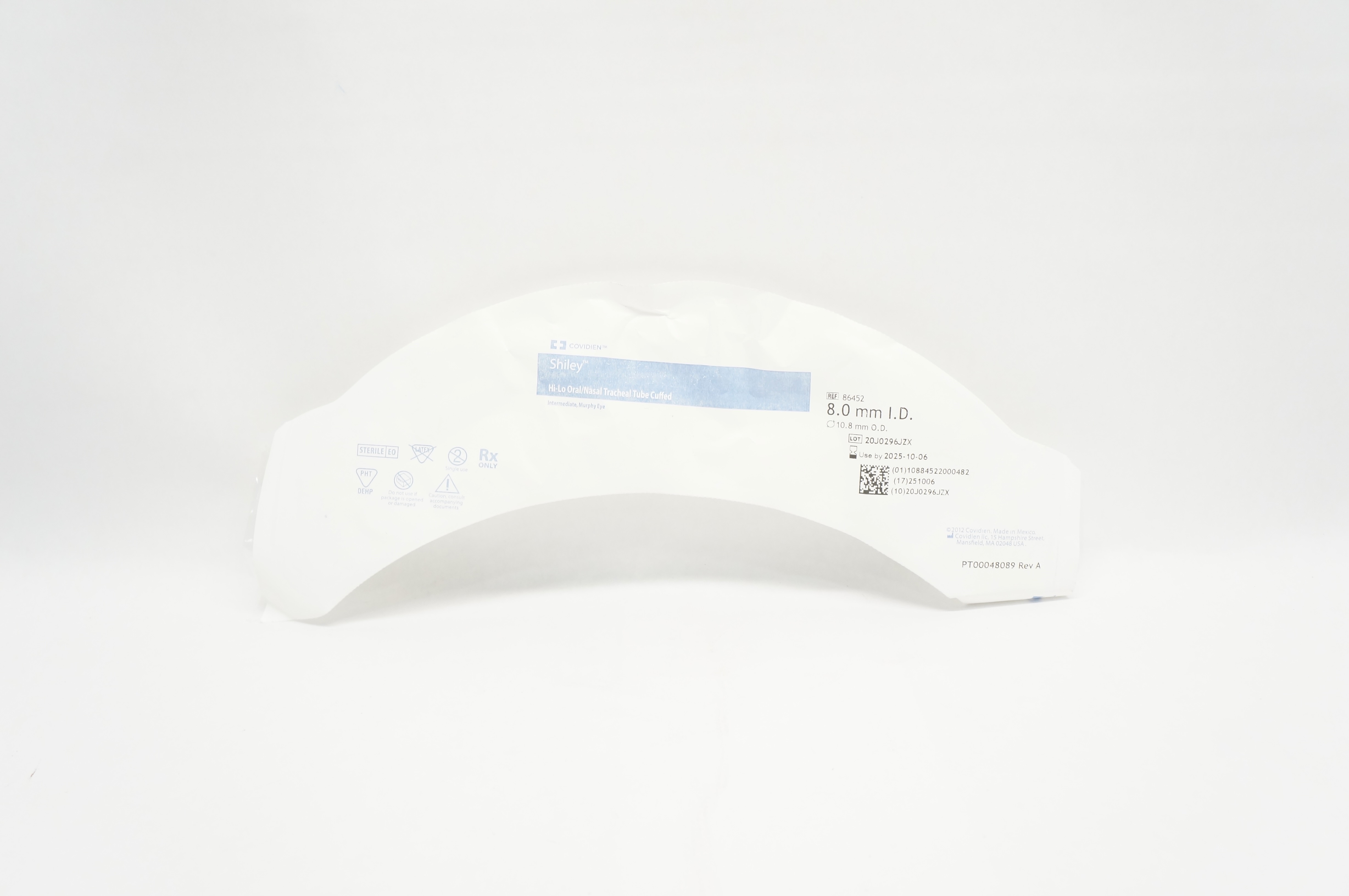 Covidien 86452 Shiley Hi-Lo Oral/Nasal Tracheal Tube Cuffed 8.0mm ID x 10.8mm OD