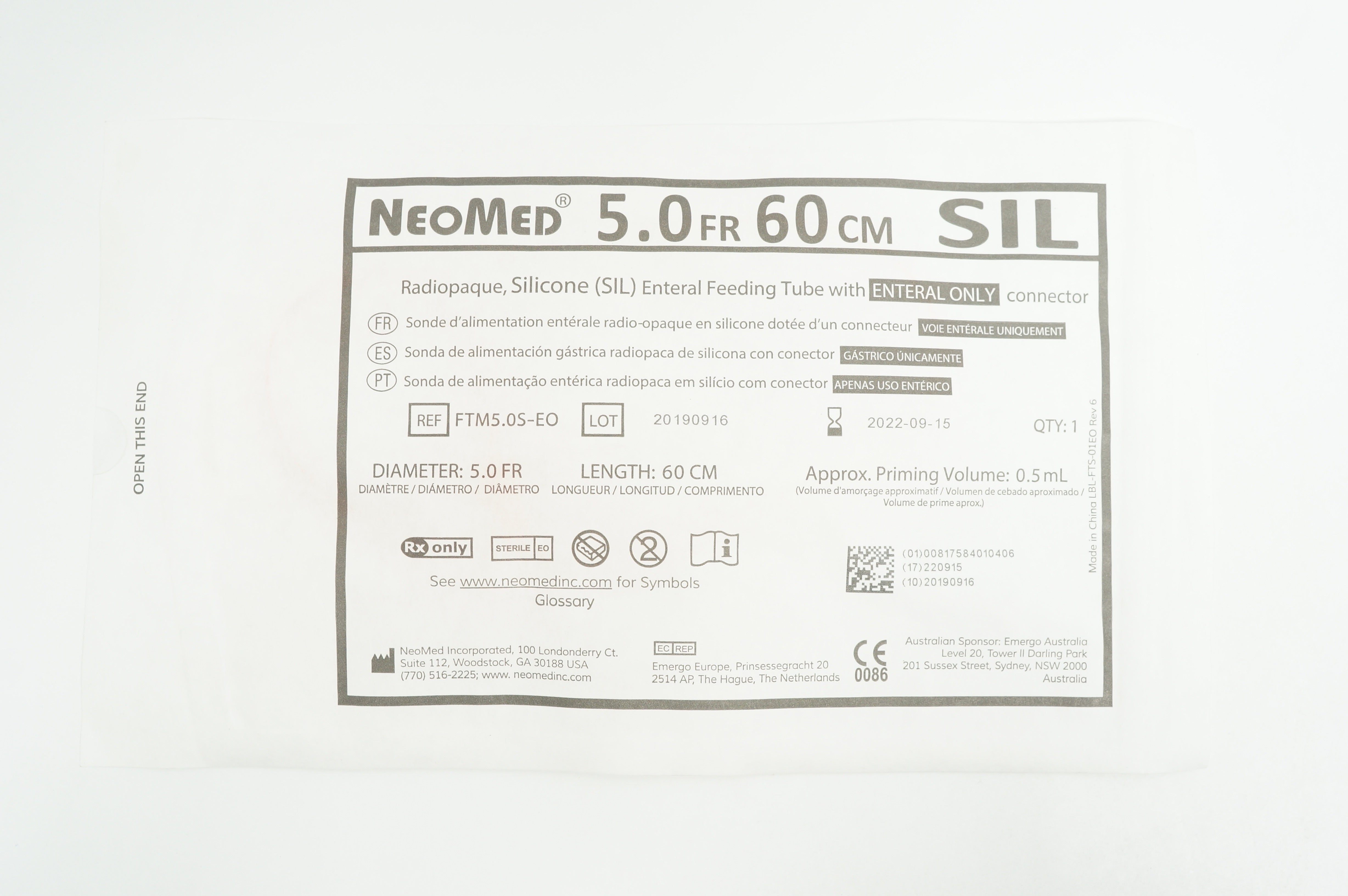 NeoMed FTM5.0SEO Radiopaque, Silicone Enteral Feeding Tube 5Fr x 60cm