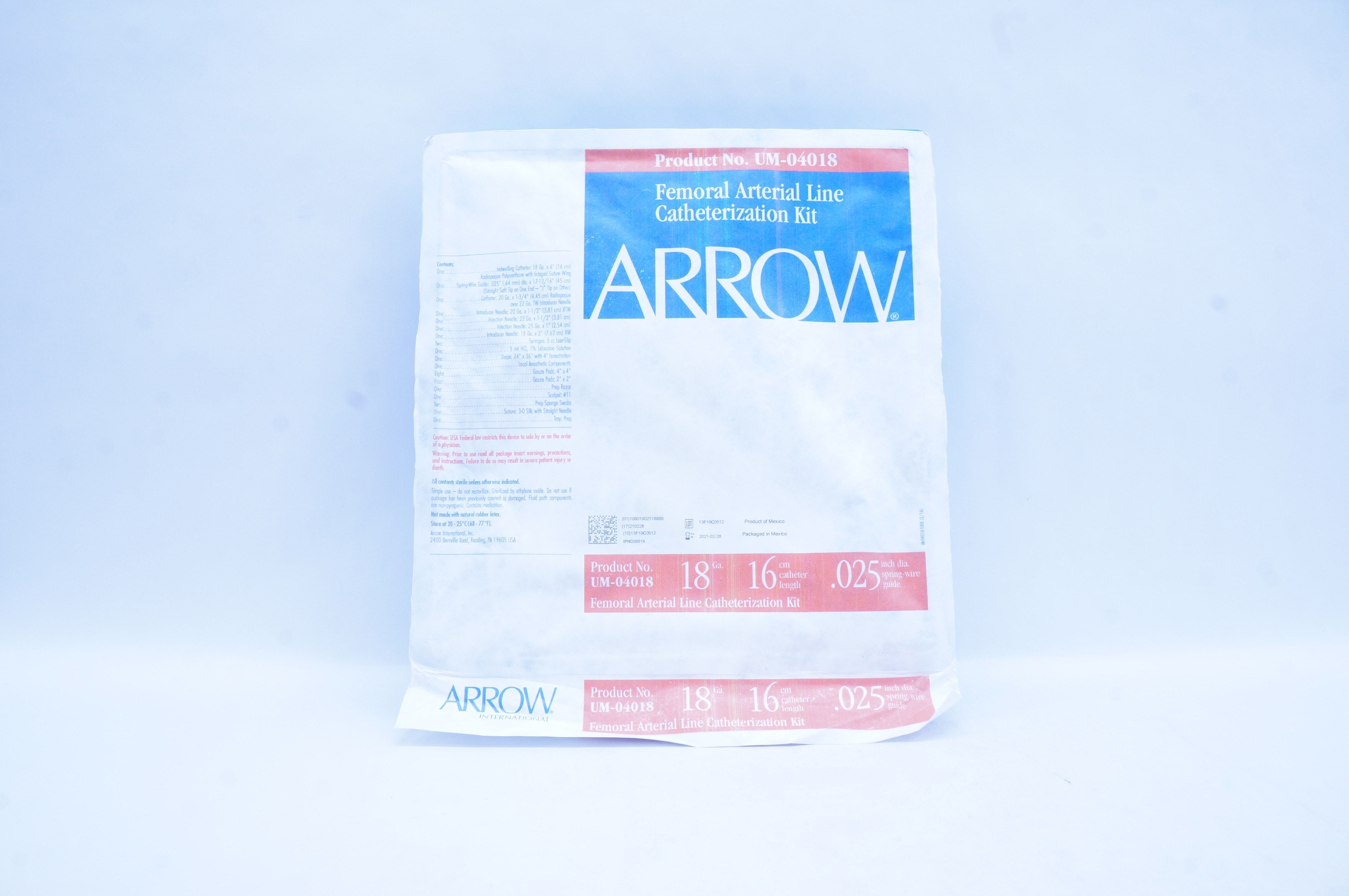 Arrow UM-04018 Femoral Arterial Line Cath. Kit 18Ga x 16 cm x 0.025 ...