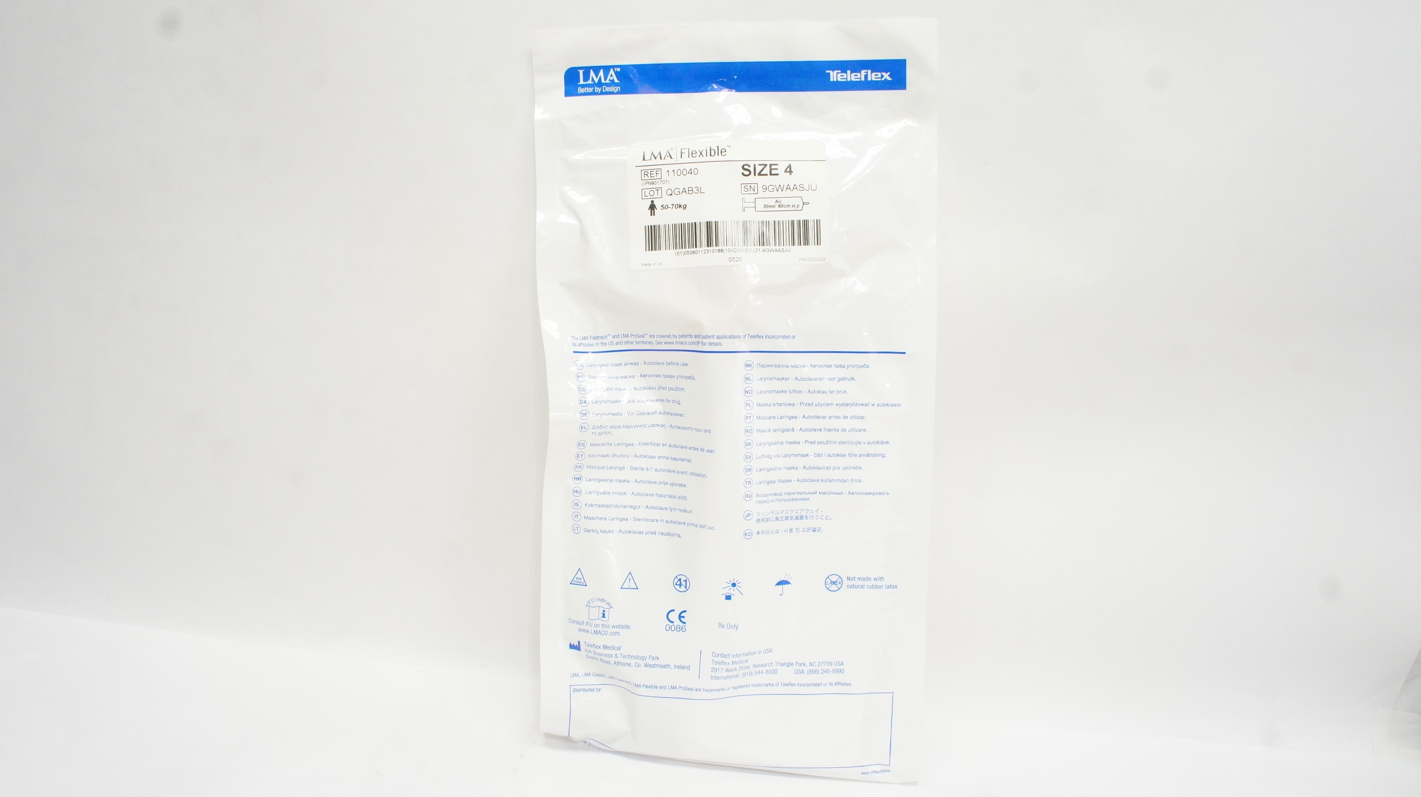 Teleflex 110040 Laryngeal Mask Airway Flexible 50-70kg Size 4 Air 30ml/60cm H2O