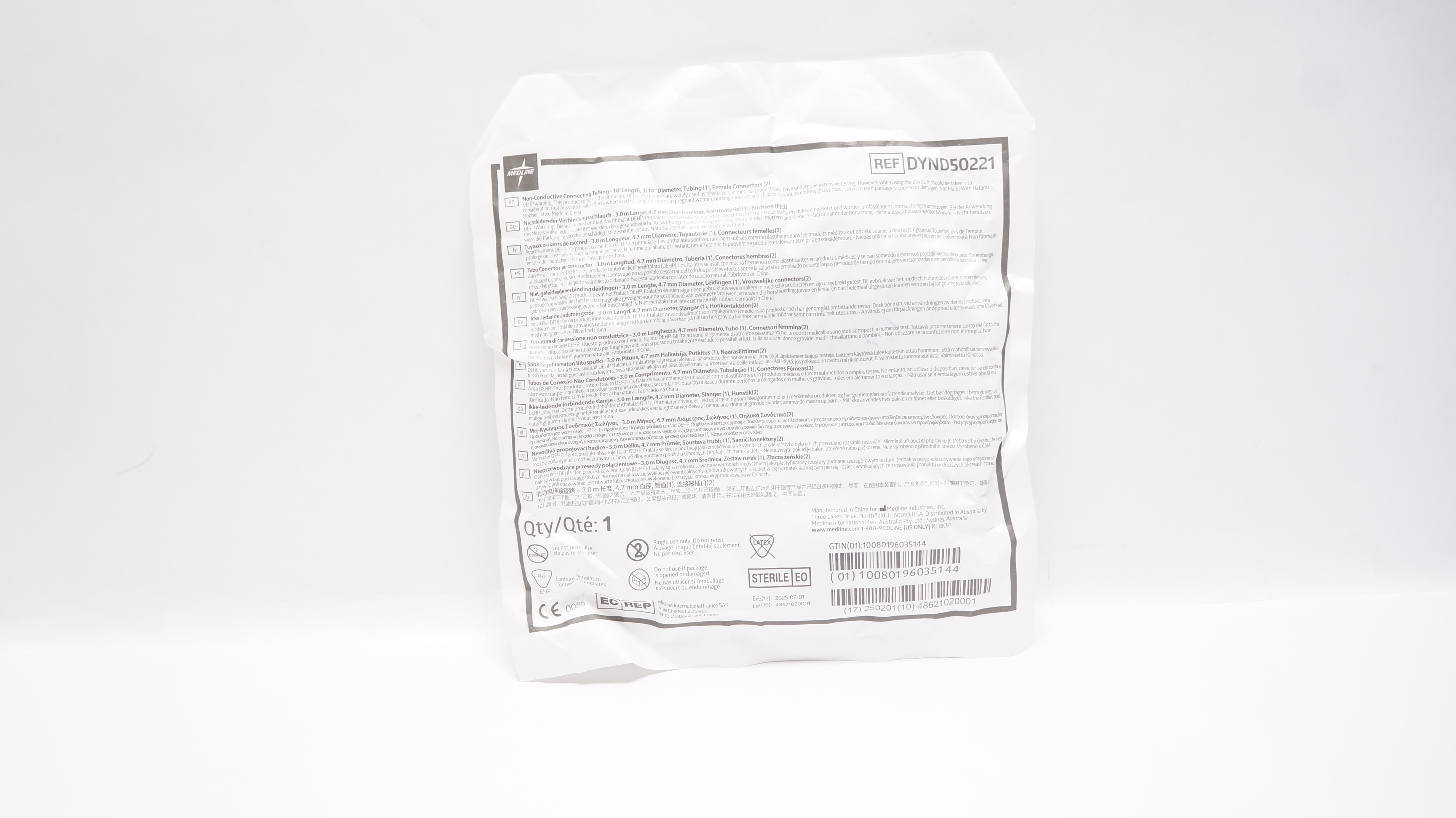 Medline DYND50221 Non-Conductive Connecting Tubing 10Ft Length Diam 3/16inch