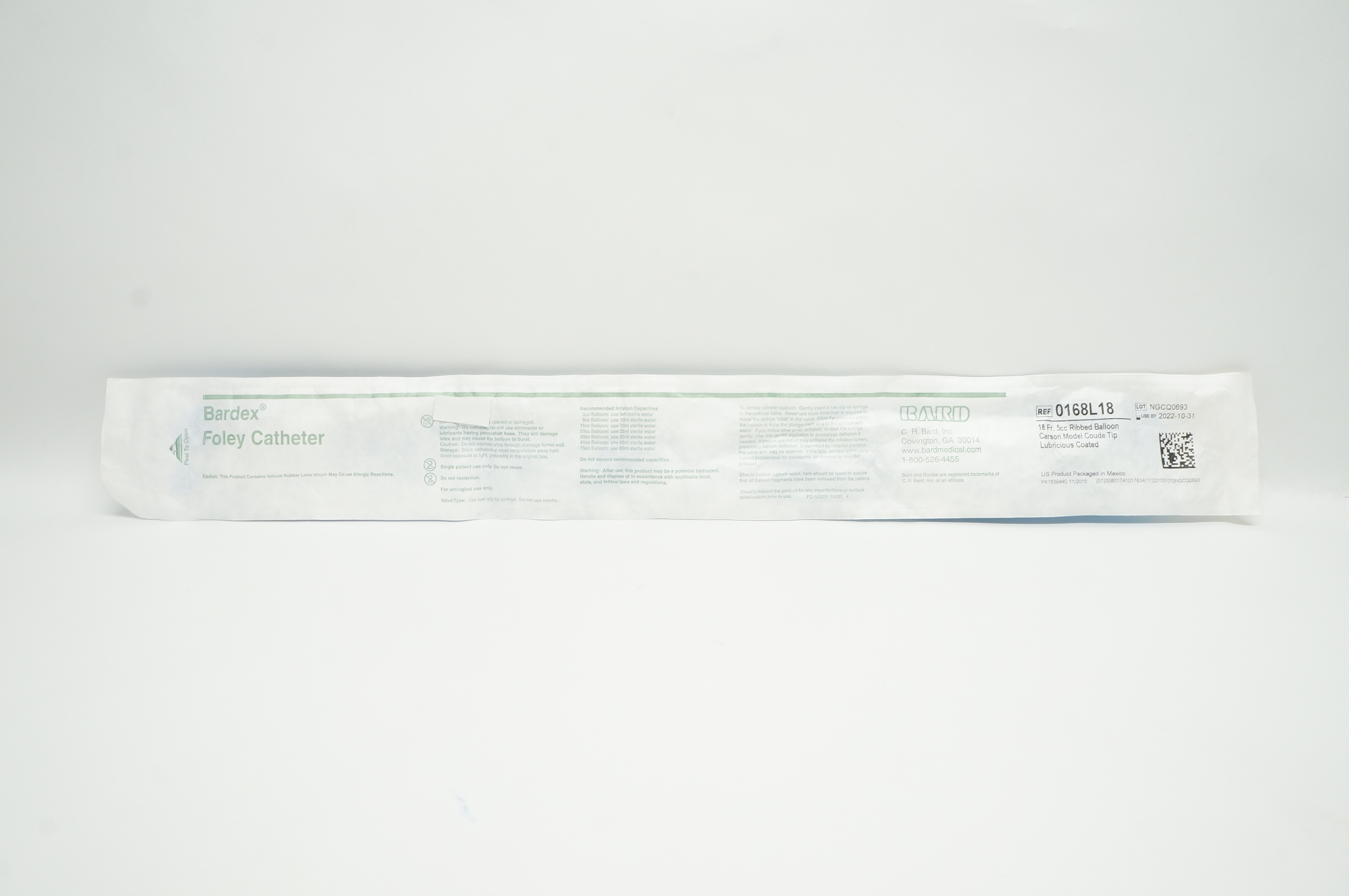 Bard 0168L18 Bardex Foley Cath. 18 Fr. 5cc Ribbed Balloon Carson Model Coude Tip