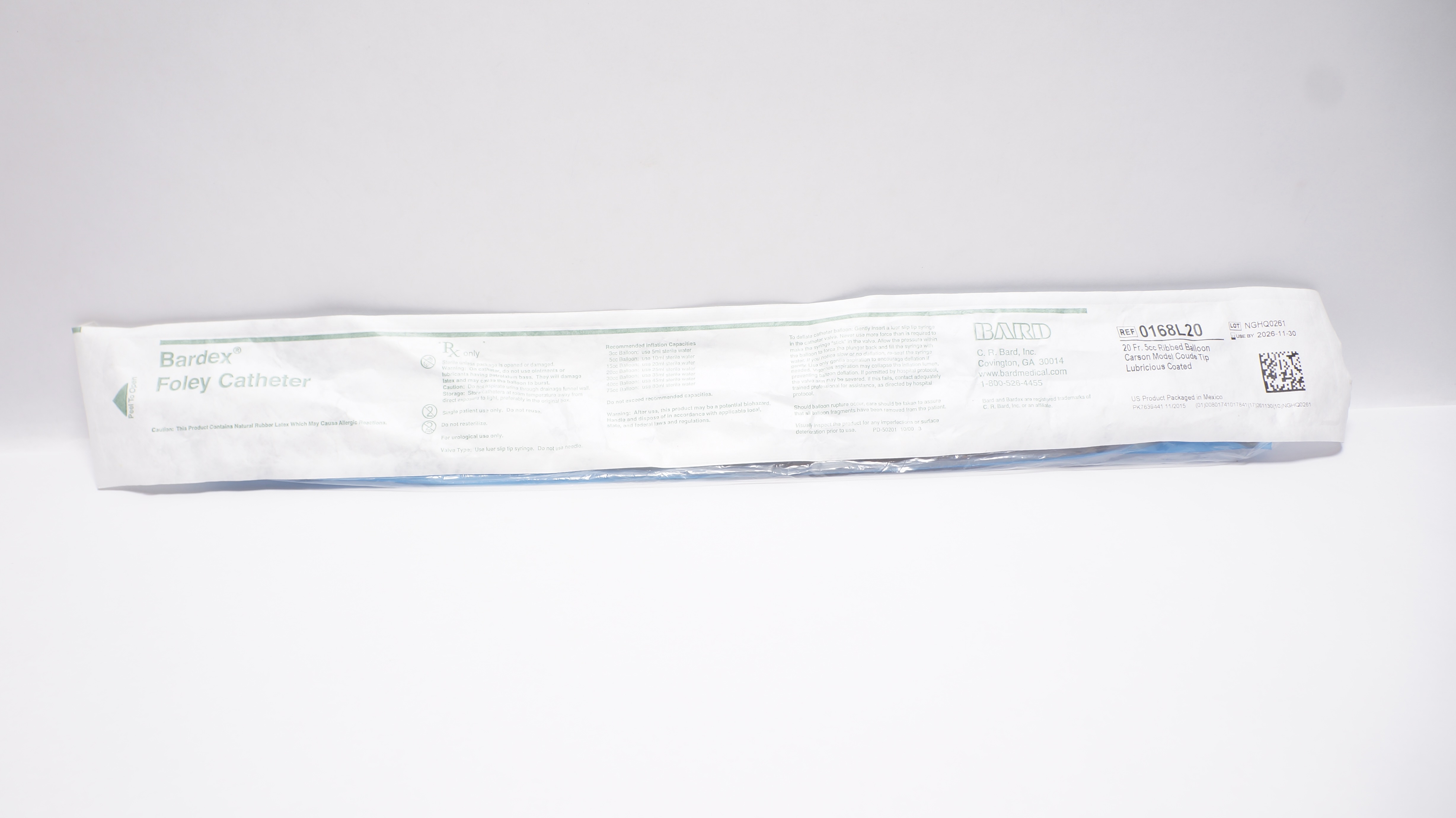 Bard 0168L20 Bardex Foley Cath. 20Fr. 5cc Ribbed Balloon Lubricious Coated
