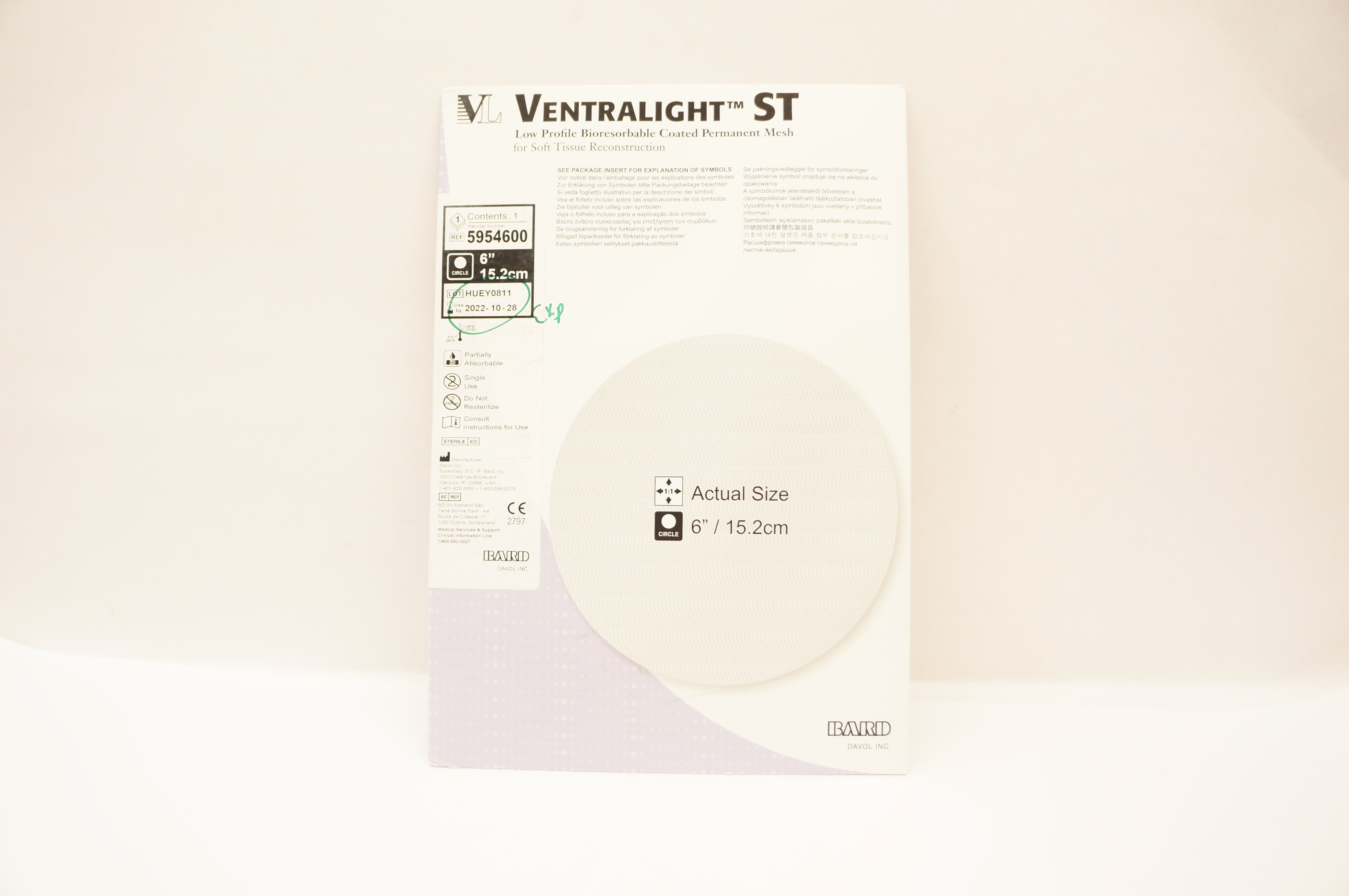 Bard 5954600 Ventralight ST Low Profile Bioresorbable Coated Mesh 6inch (x)