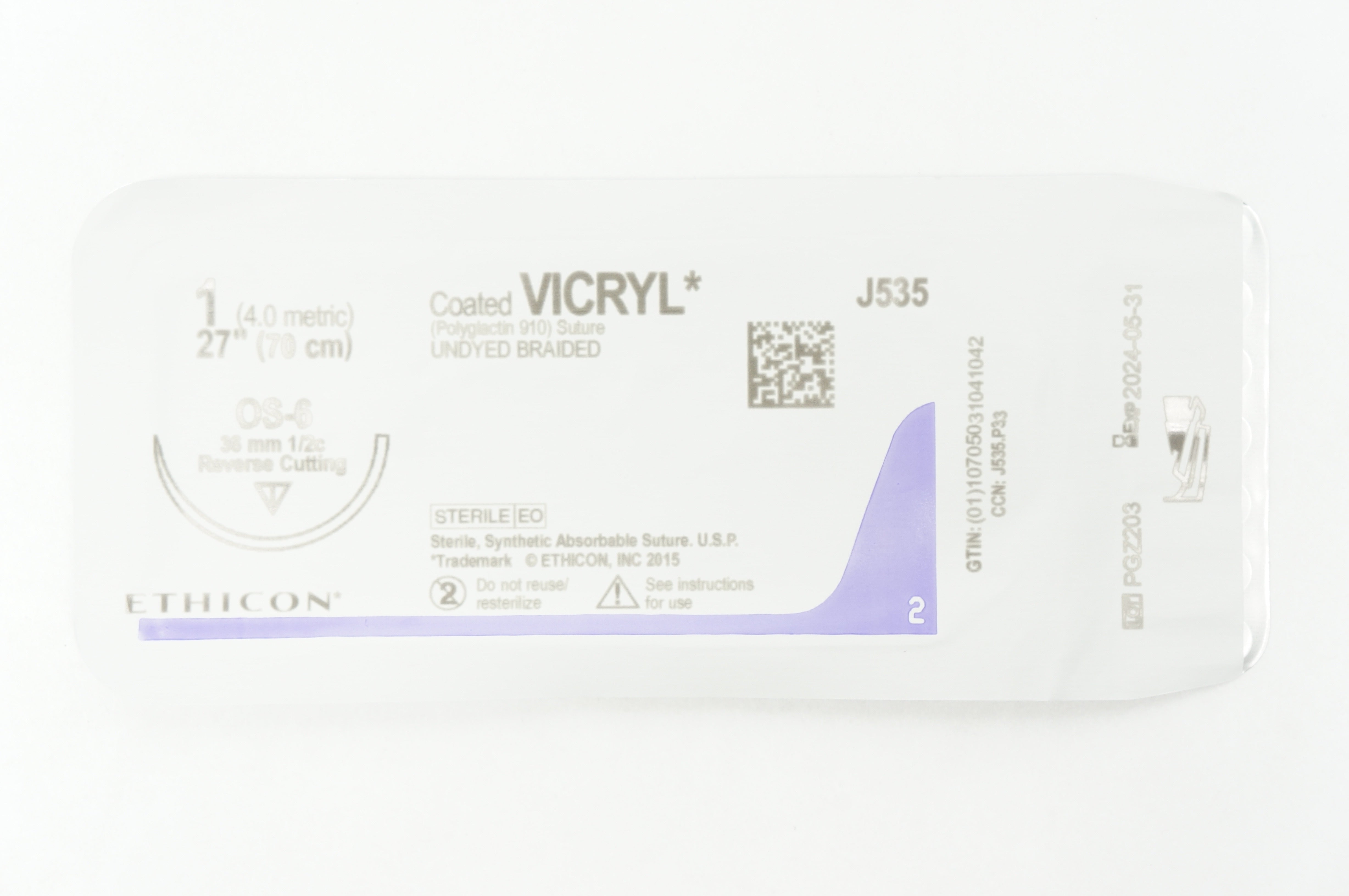 Ethicon J535 1 VICRYL OS-6, 36mm 1/2c Reverse Cutting, 27 inch