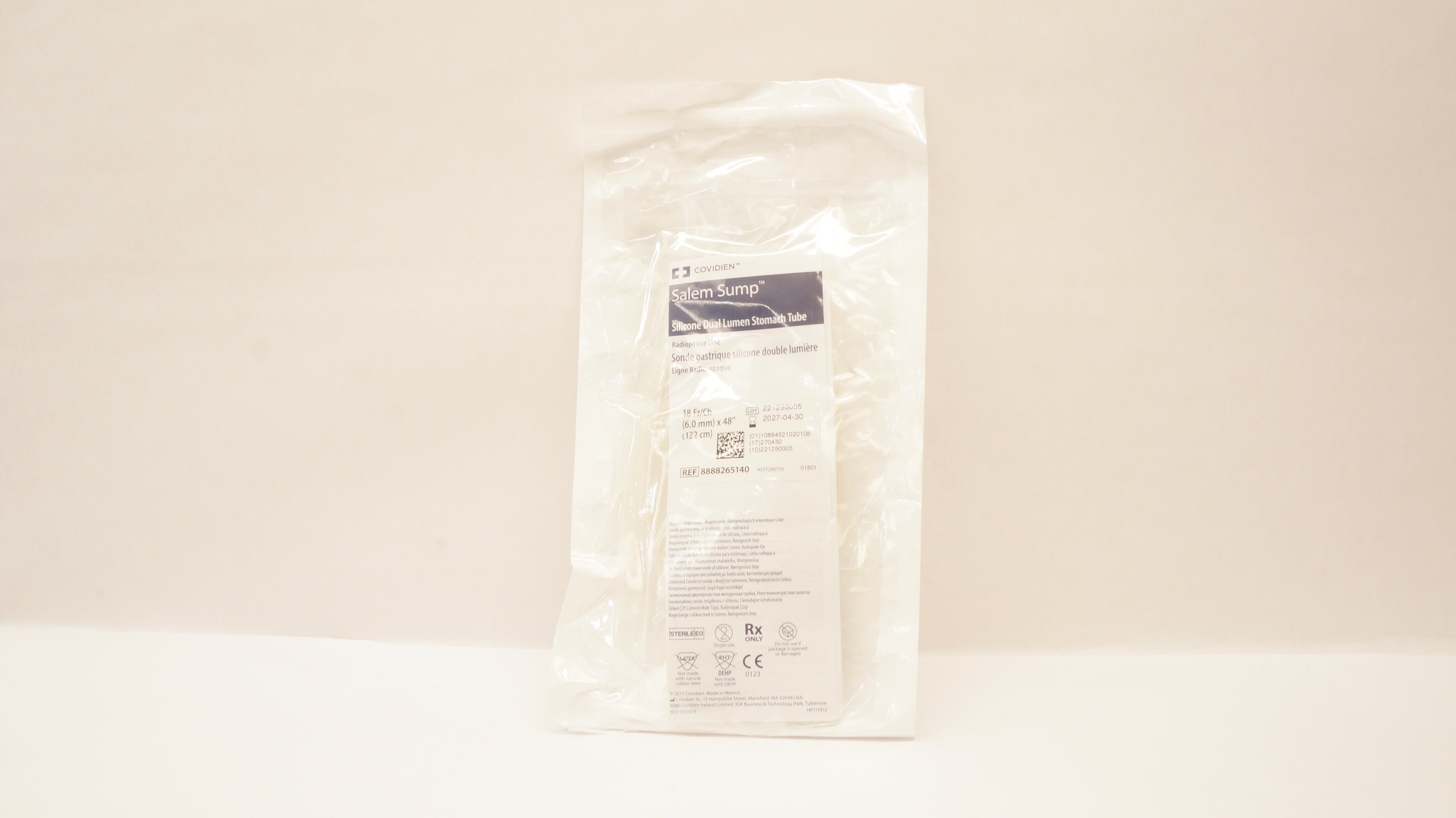 Covidien 8888265140 Salem Sump Silicone Dual Lumen Stomach Tube 18Fr x 48inch