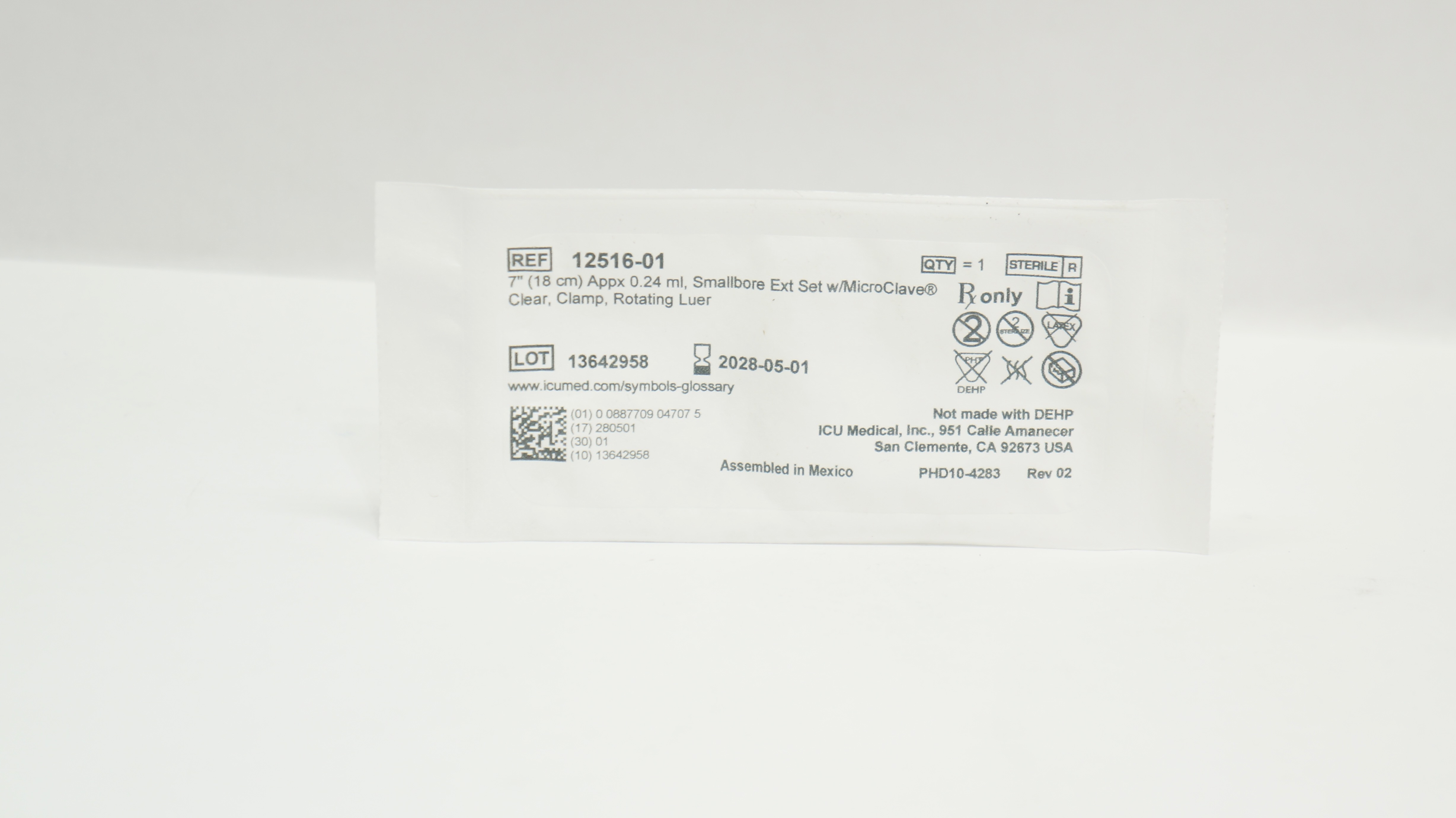 ICU Medical 12516-01 Smallbore Extension Set 7 inch x 0.24ml