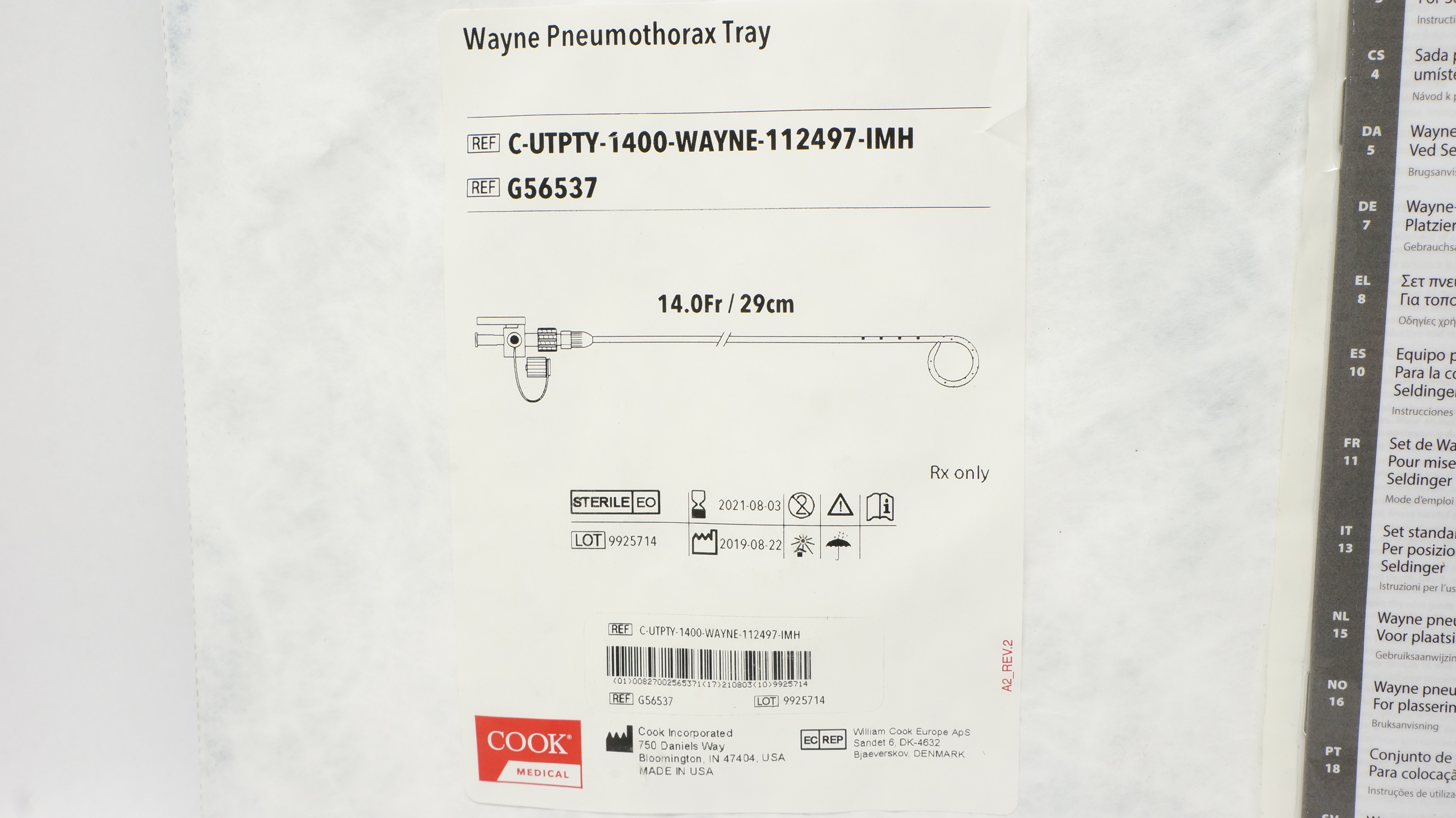 Cook Medical G56537 Wayne Pneumothorax Tray 14.0Fr x 29cm (x)