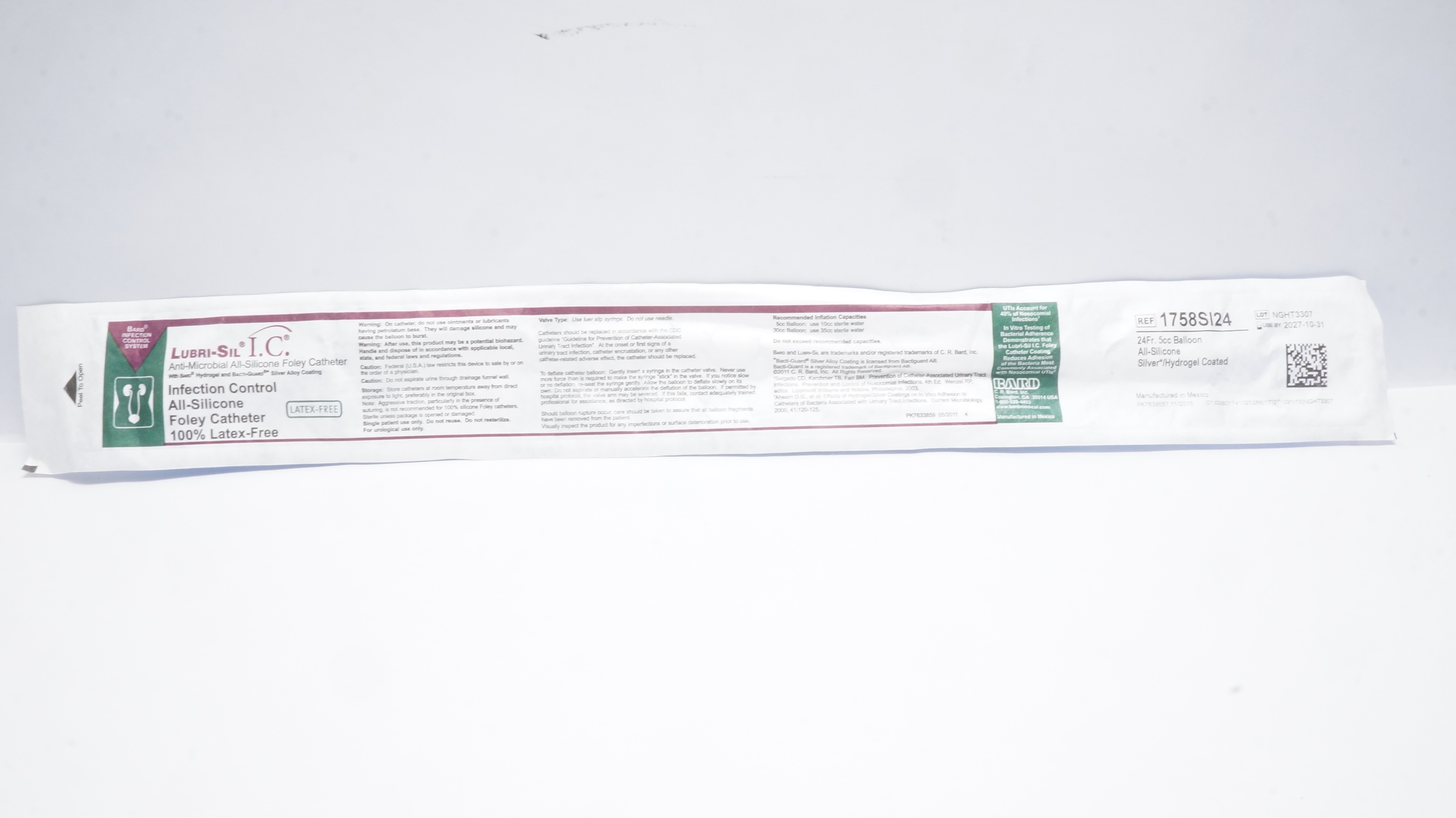 Bard 1758SI24 Lubri-Sill Silver Hydrogel Coated Foley Cath. 24Fr 5cc Balloon