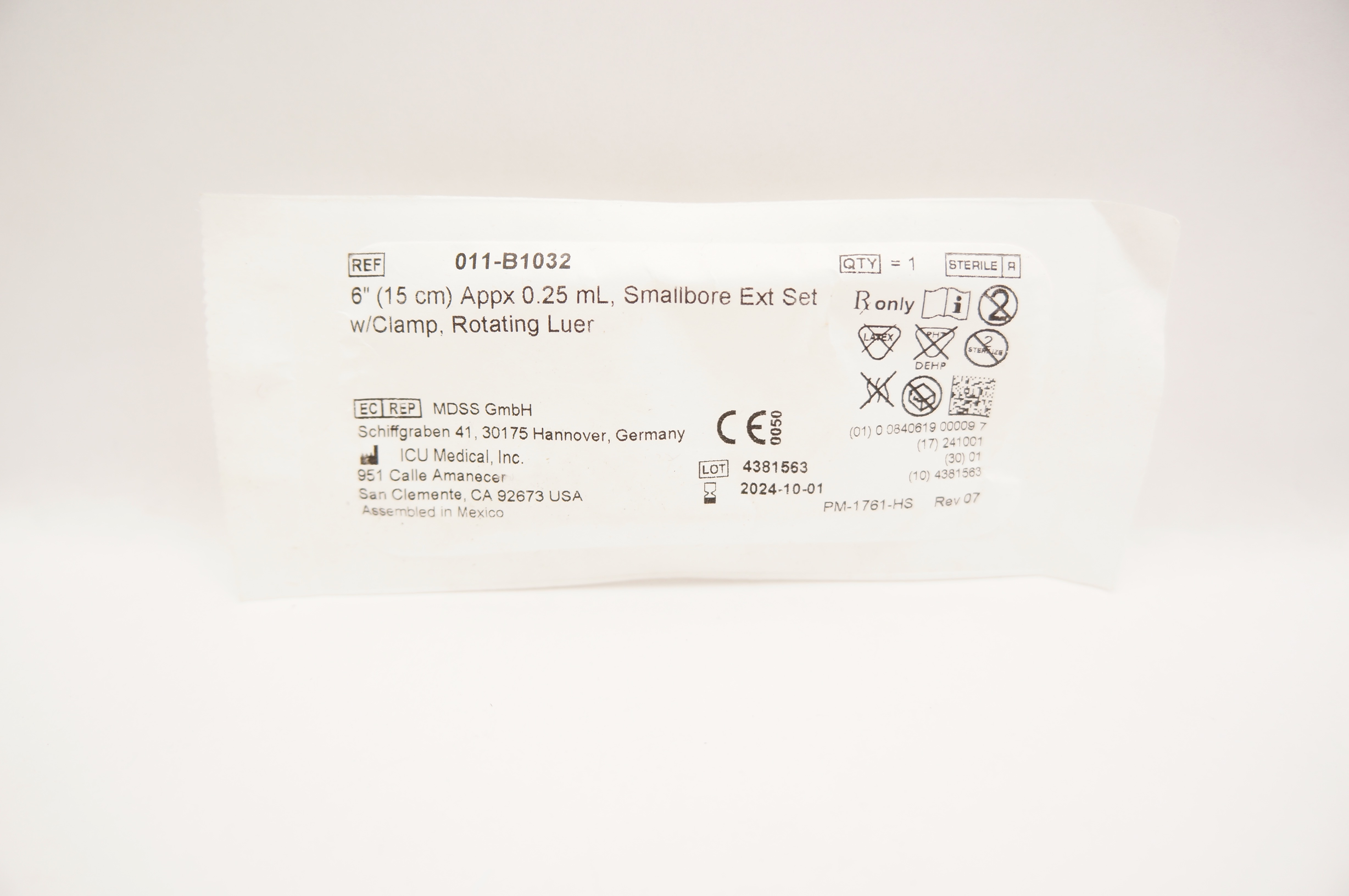 ICU Medical 011-B1032 Smallbore Extension Set 6 inch Appx. 0.25mL