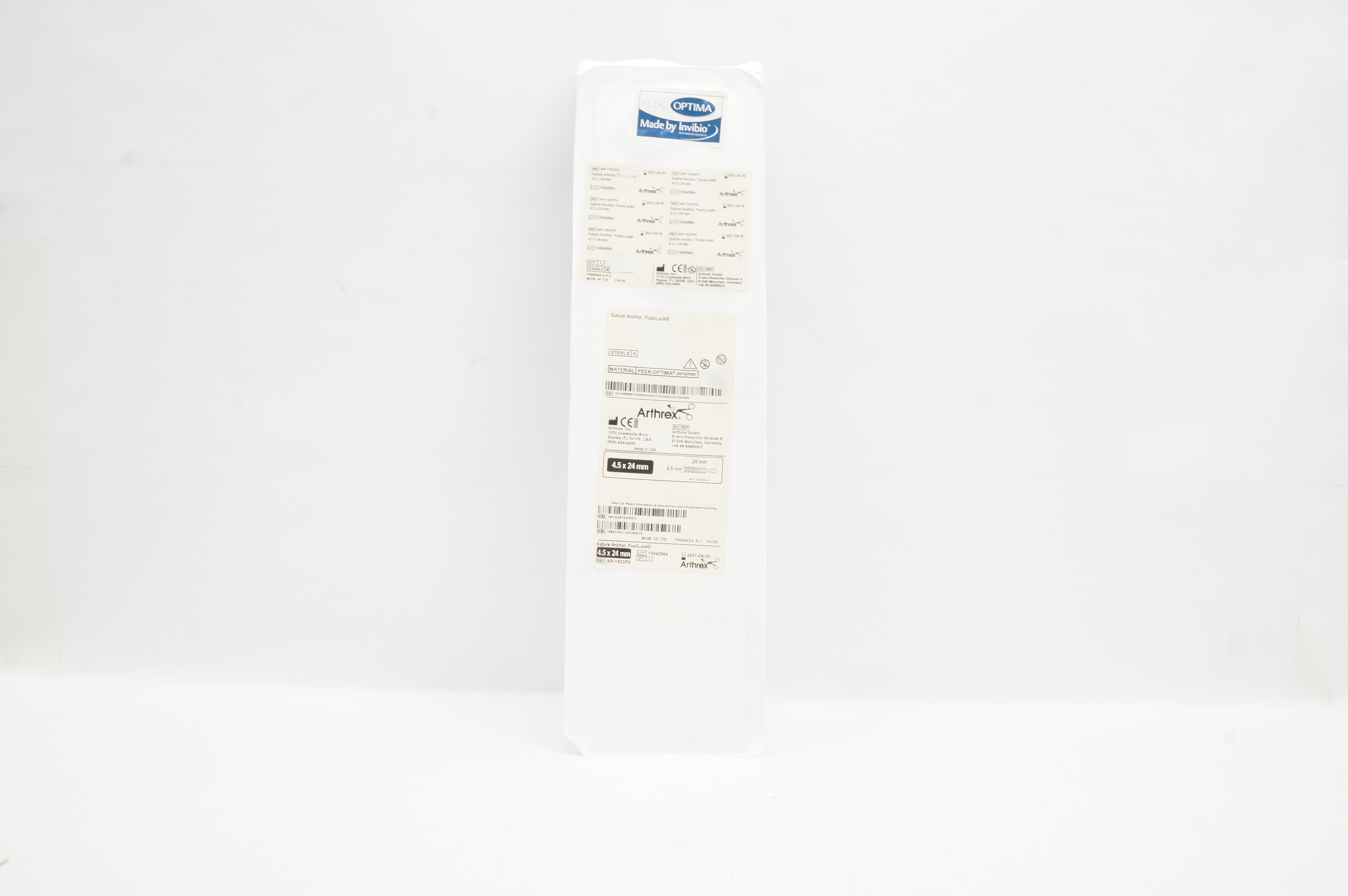 Arthrex AR-1922PS Peek-Optima Invibio Stre. Anchor PushLock 4.5mm x 24mm (x)