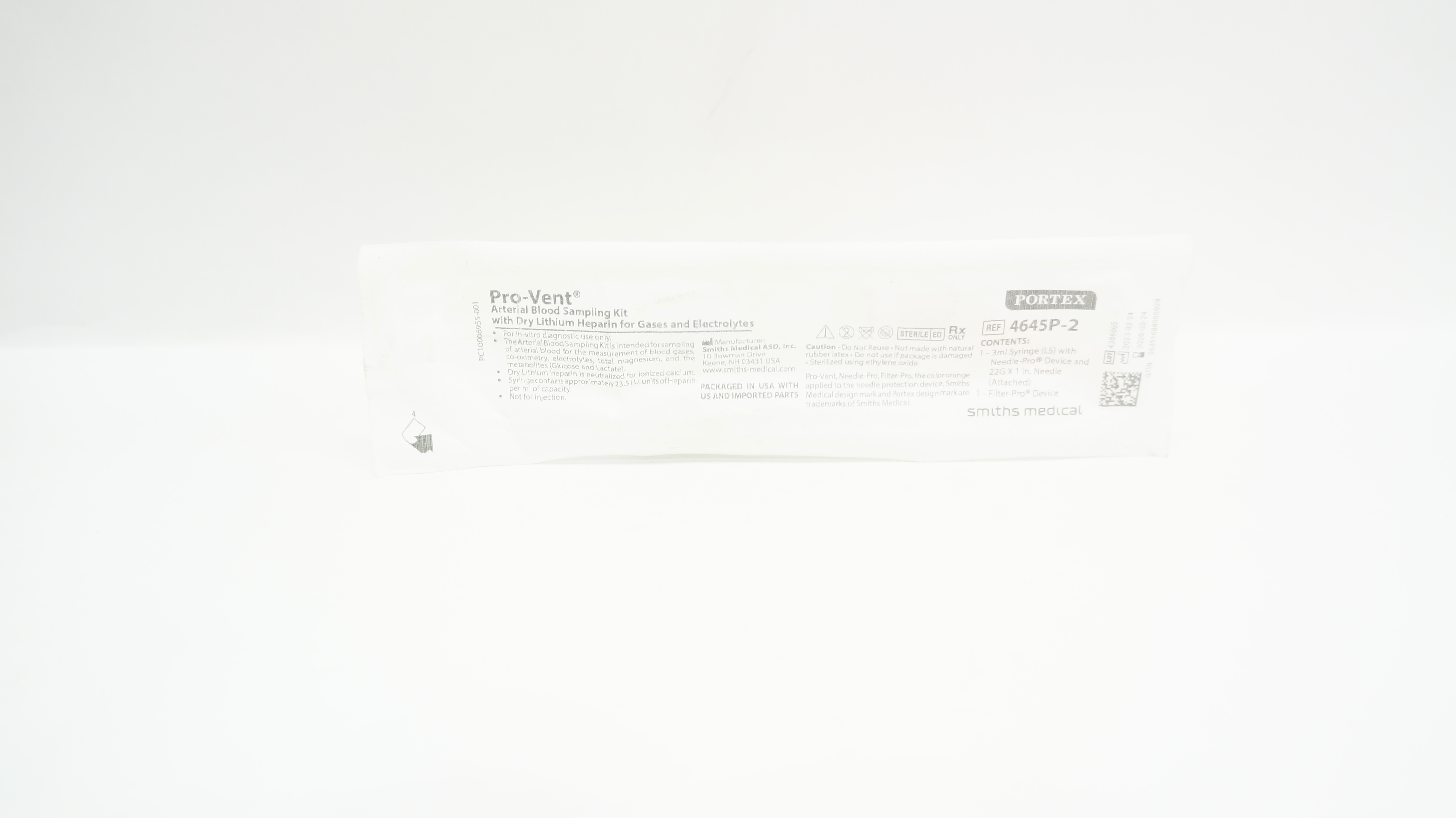Smiths Medical 4645P-2 Portex Pro-Vent Arterial Blood Sampling Kit