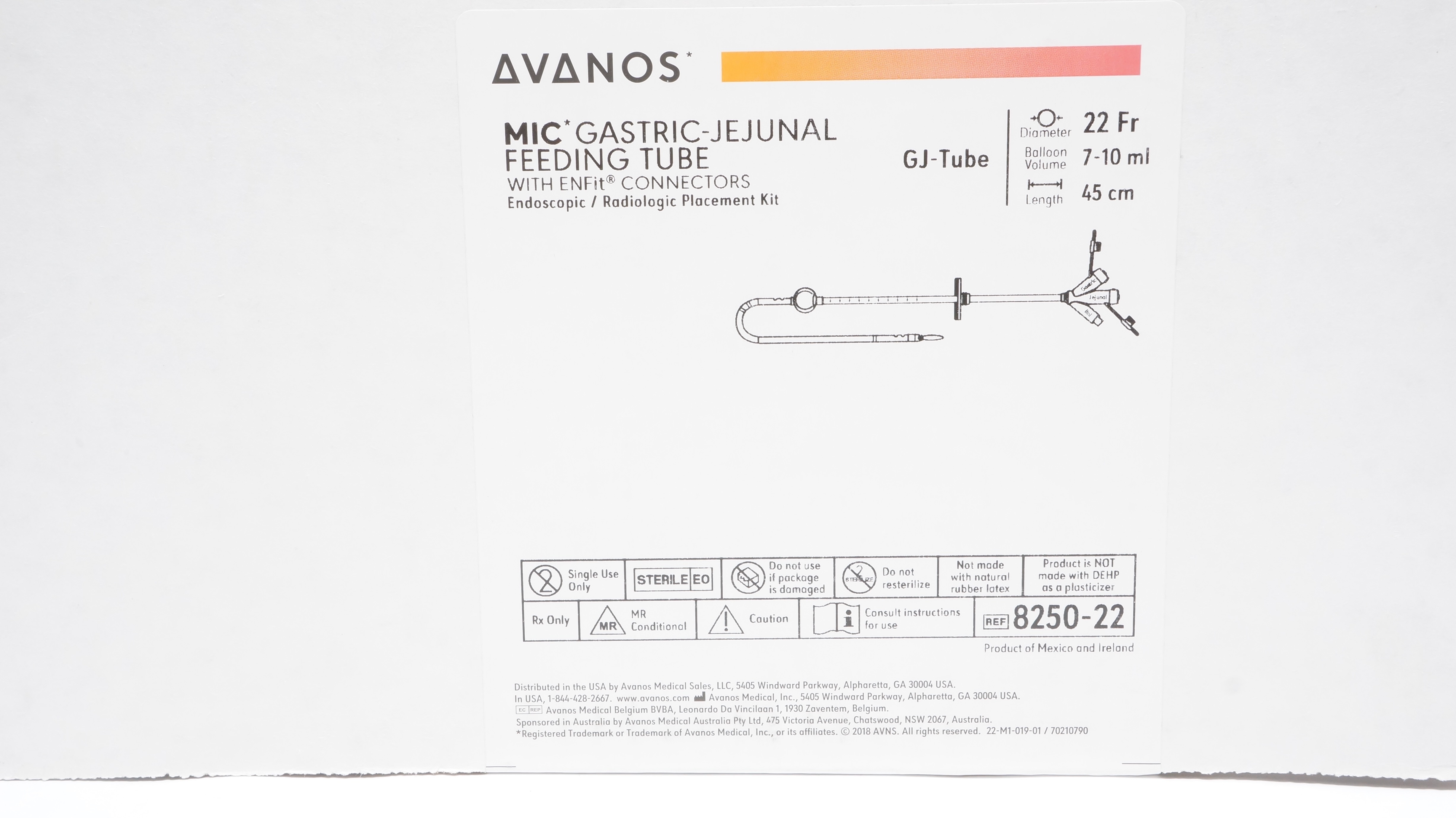 Avanos 8250-22 MIC Gastric Jejunal Feeding Tube 22Fr x 45cm 7-10ml (x)
