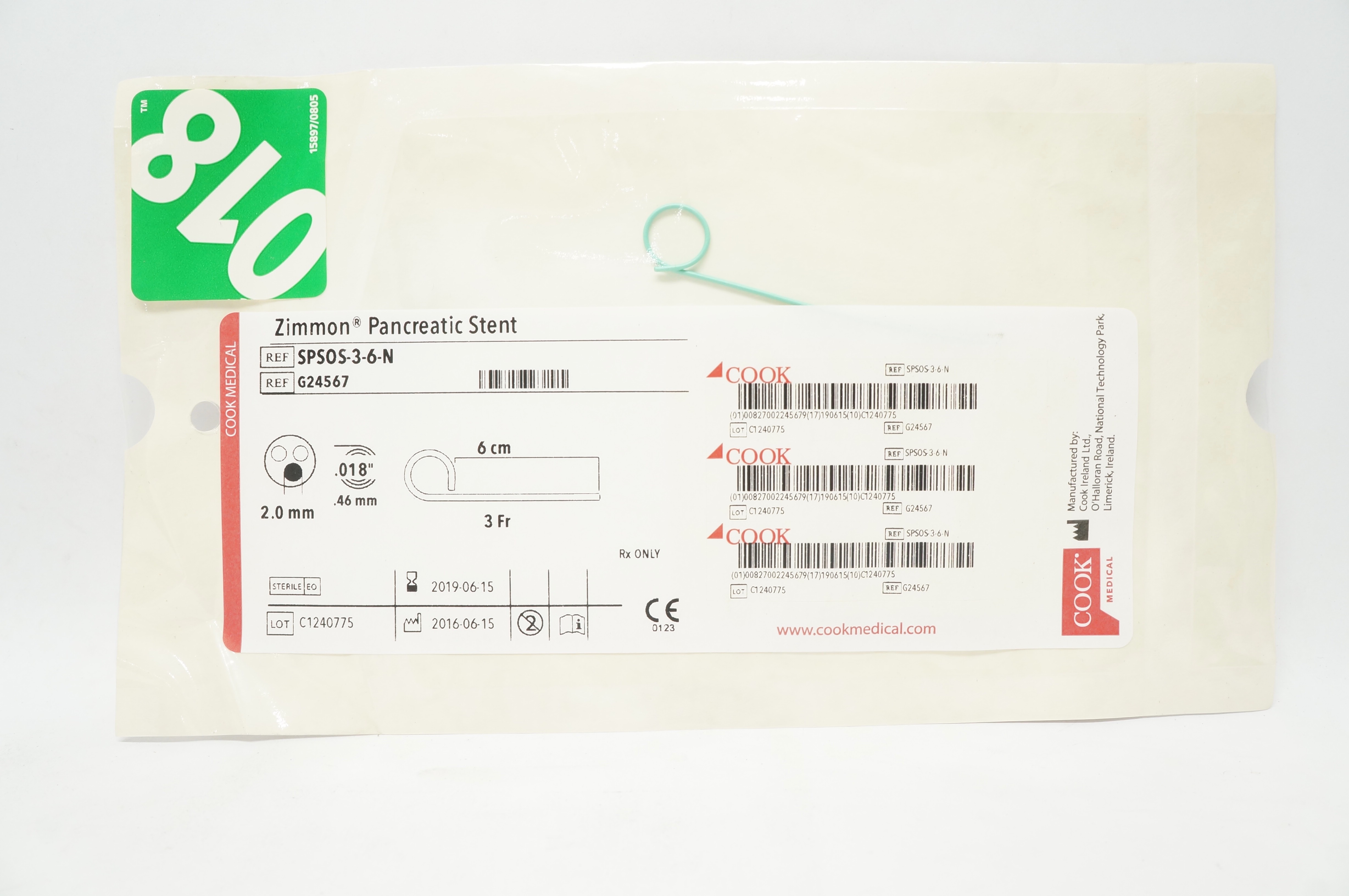 Cook Medical G24567 Zimmon Pancreatic Stnt 3Fr x 0.018inch (x)