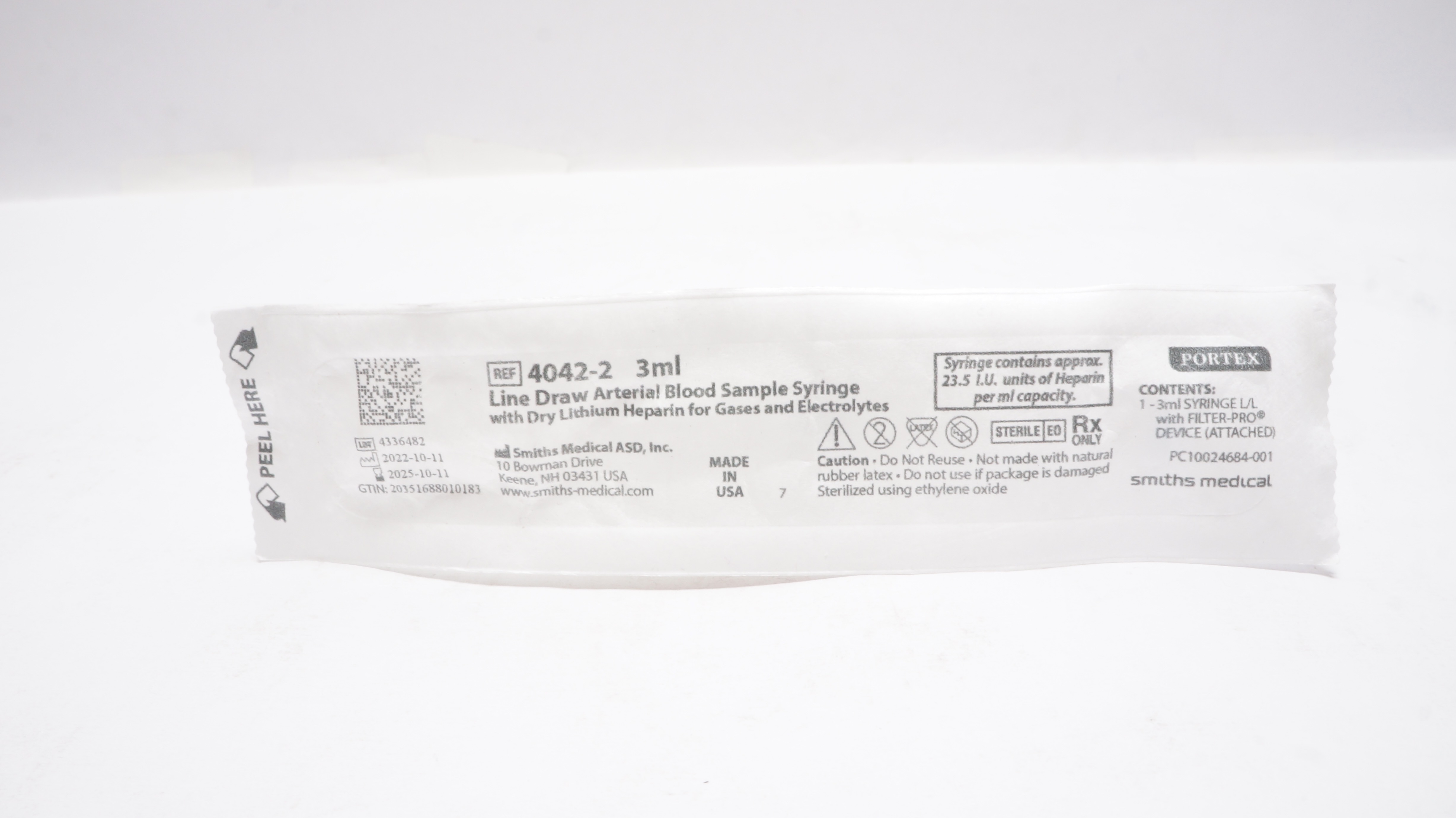 Smiths Medical 4042-2 Portex Line Draw Arterial Blood Sample Syringe, 3mL