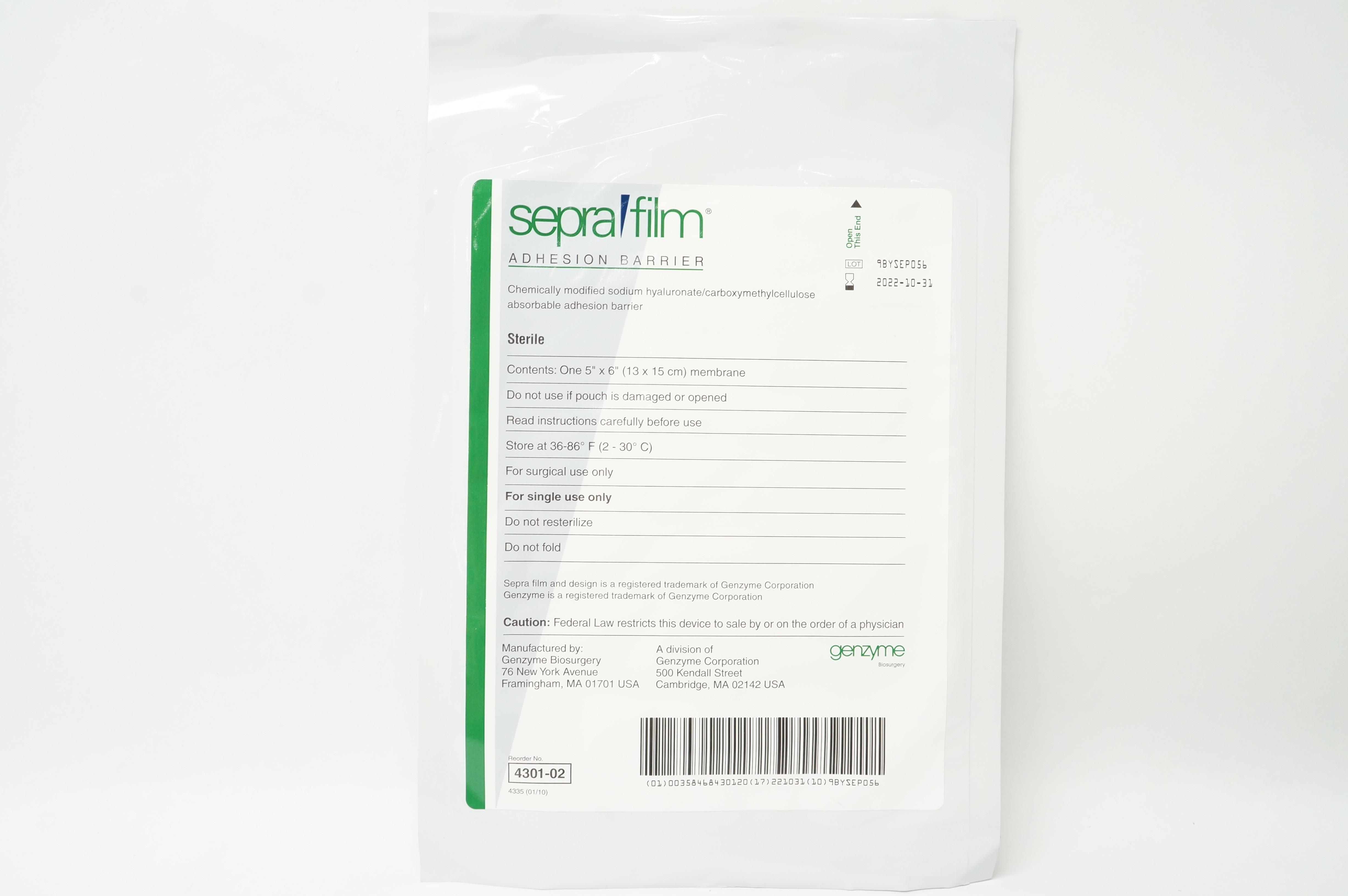 Genzyme 4301-02 Sepra Firm Adhesion Barrier 5inch x 6inch (x)