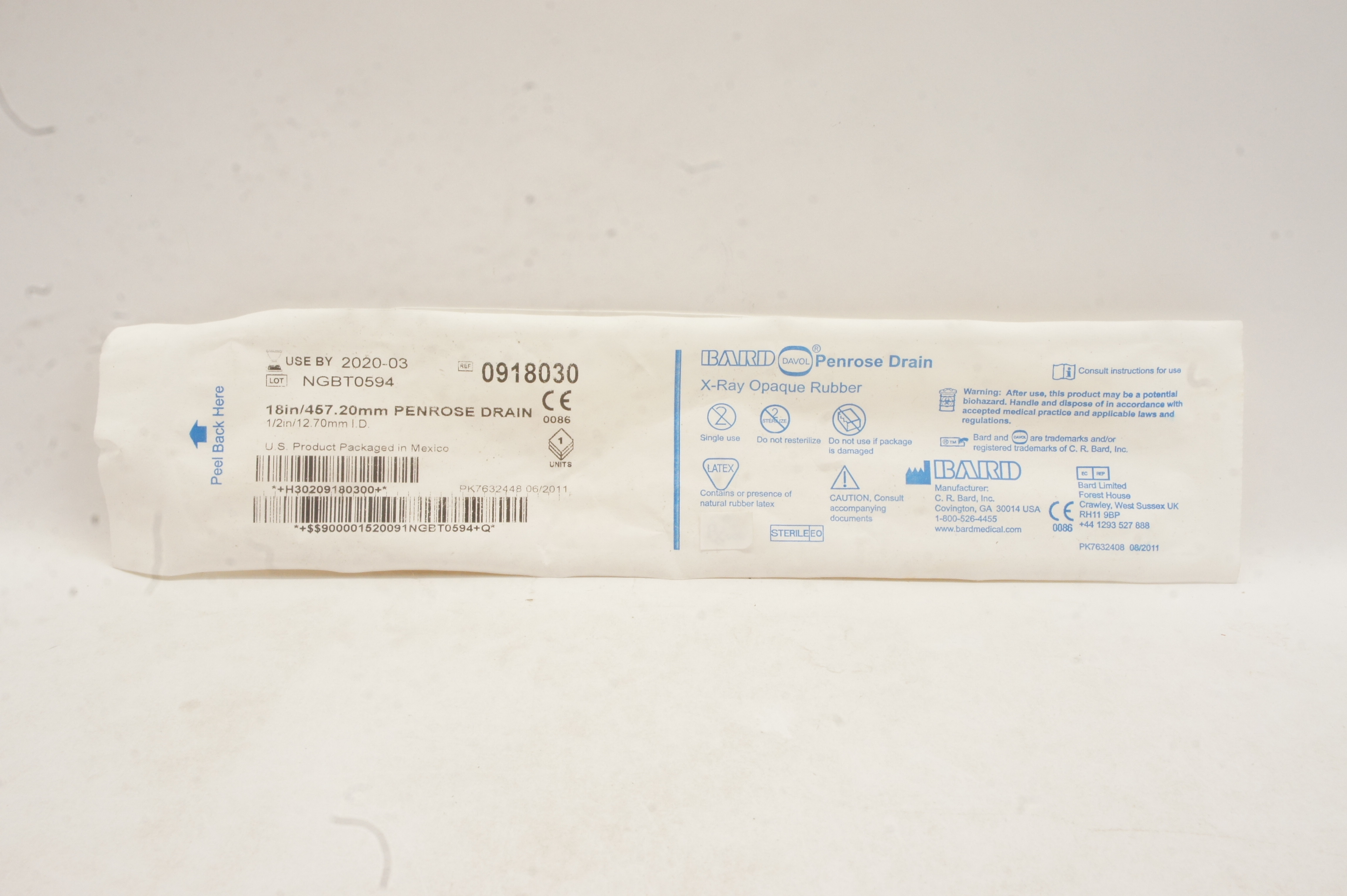 Bard 0918030 Davol Penrose Drain X-Ray Opaque Rubber 1/2inch ID x 18inch (x)