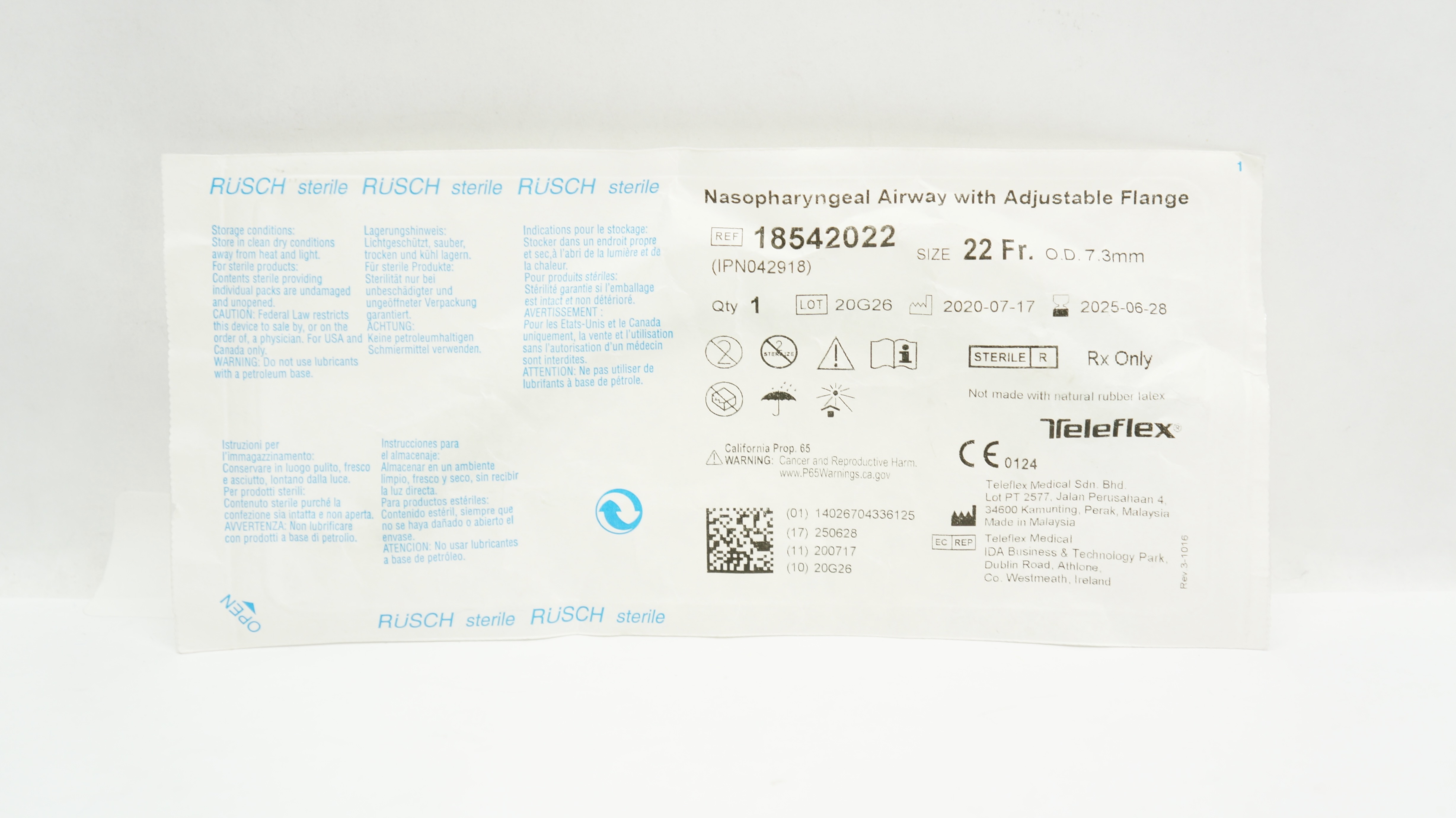 Teleflex 18542022 Nasopharyngeal Airway with Adjustable Flange 22Fr. x 7.3mm