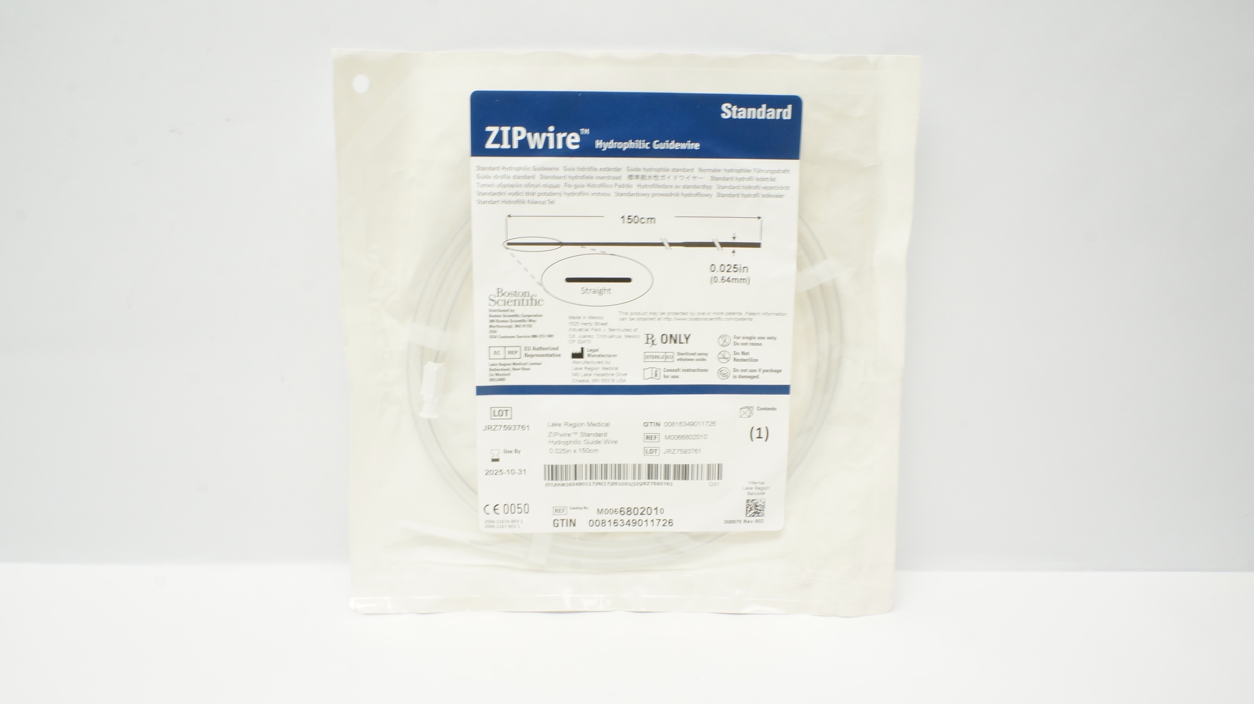 Boston Scientific 680201 ZIPwire Standard Hydrophilic Guidewire 150cm