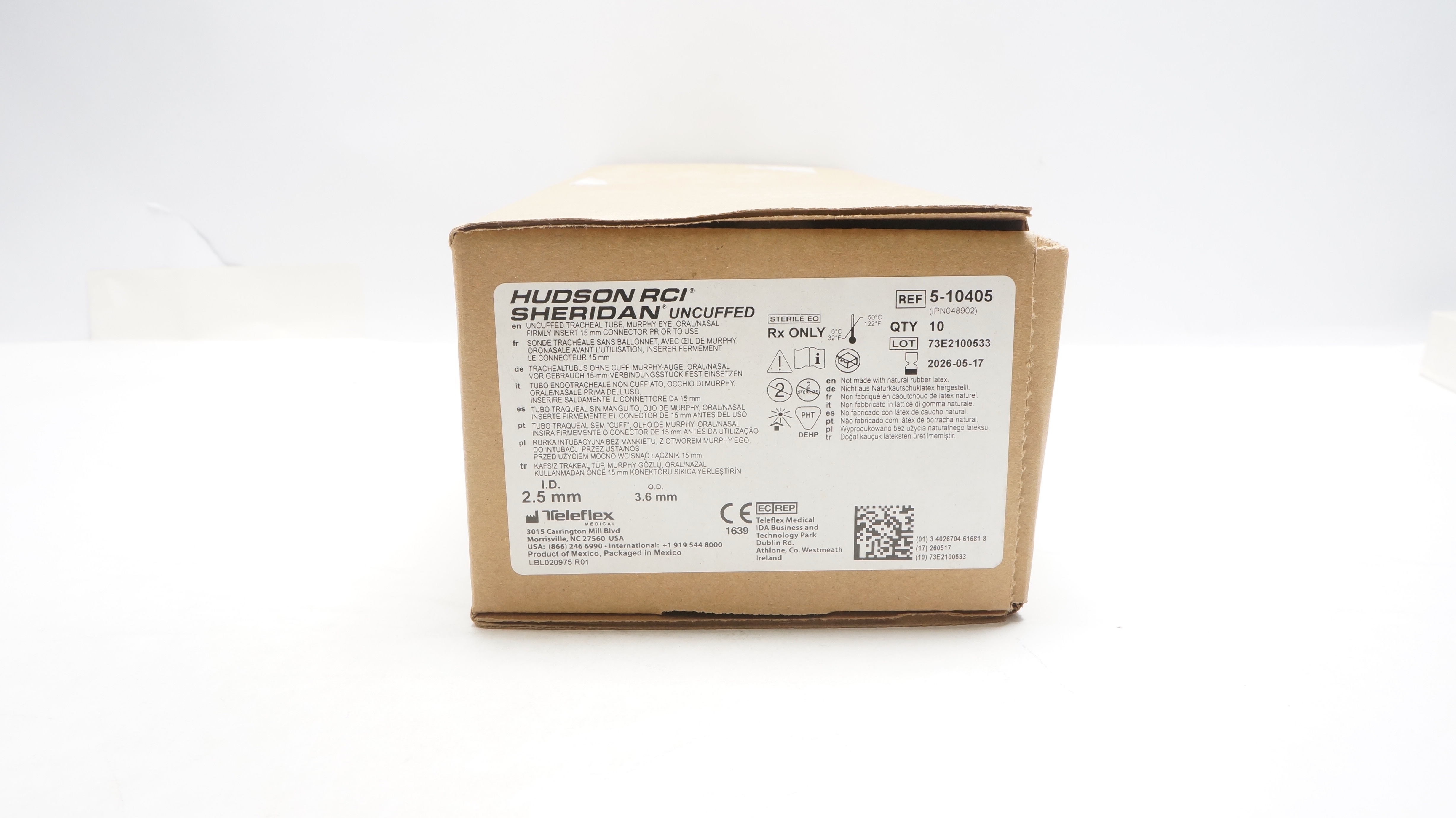 Teleflex 5-10405 Hudson RCI Sheridan Tracheal Tube Uncuffed 2.5mmx3.6mm-Box of10