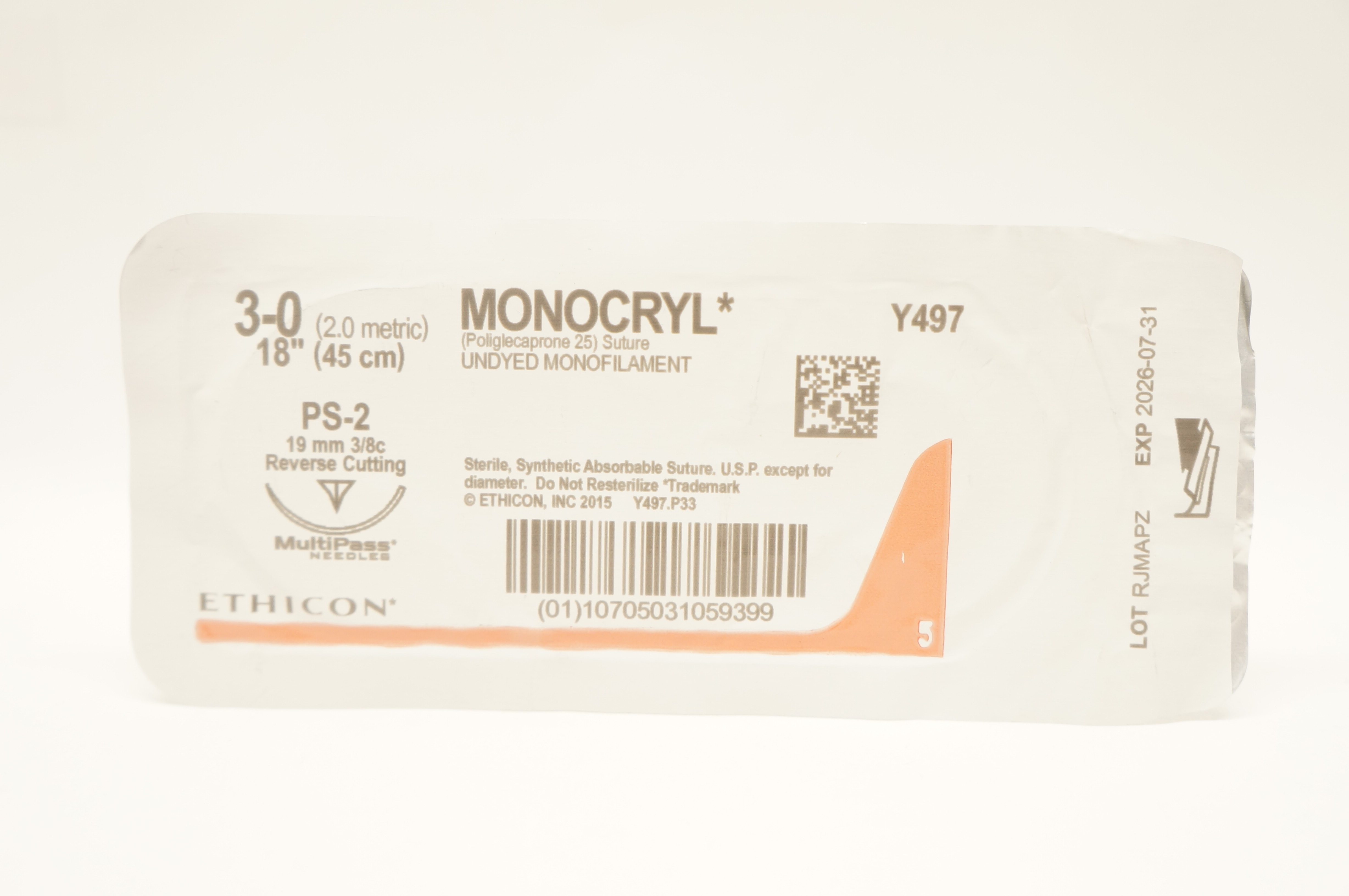 Ethicon Y497 3-0 MONOCRYL Stre PS-2 19mm 3/8c Reverse Cutting, 18inch