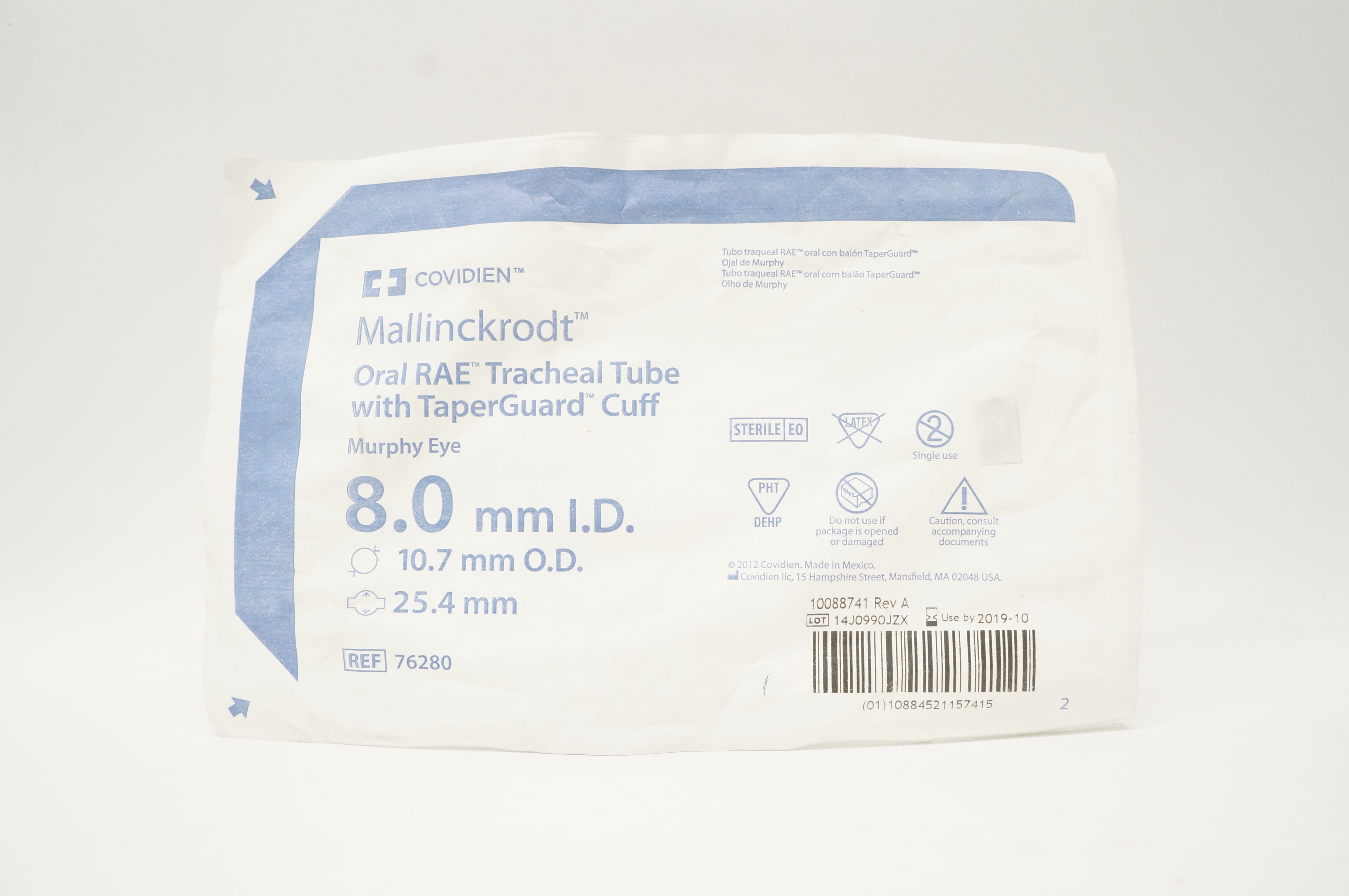 Covidien 76280 Mallinckrodt Oral RAE Tracheal Tube with Cuff 8.0 x 10