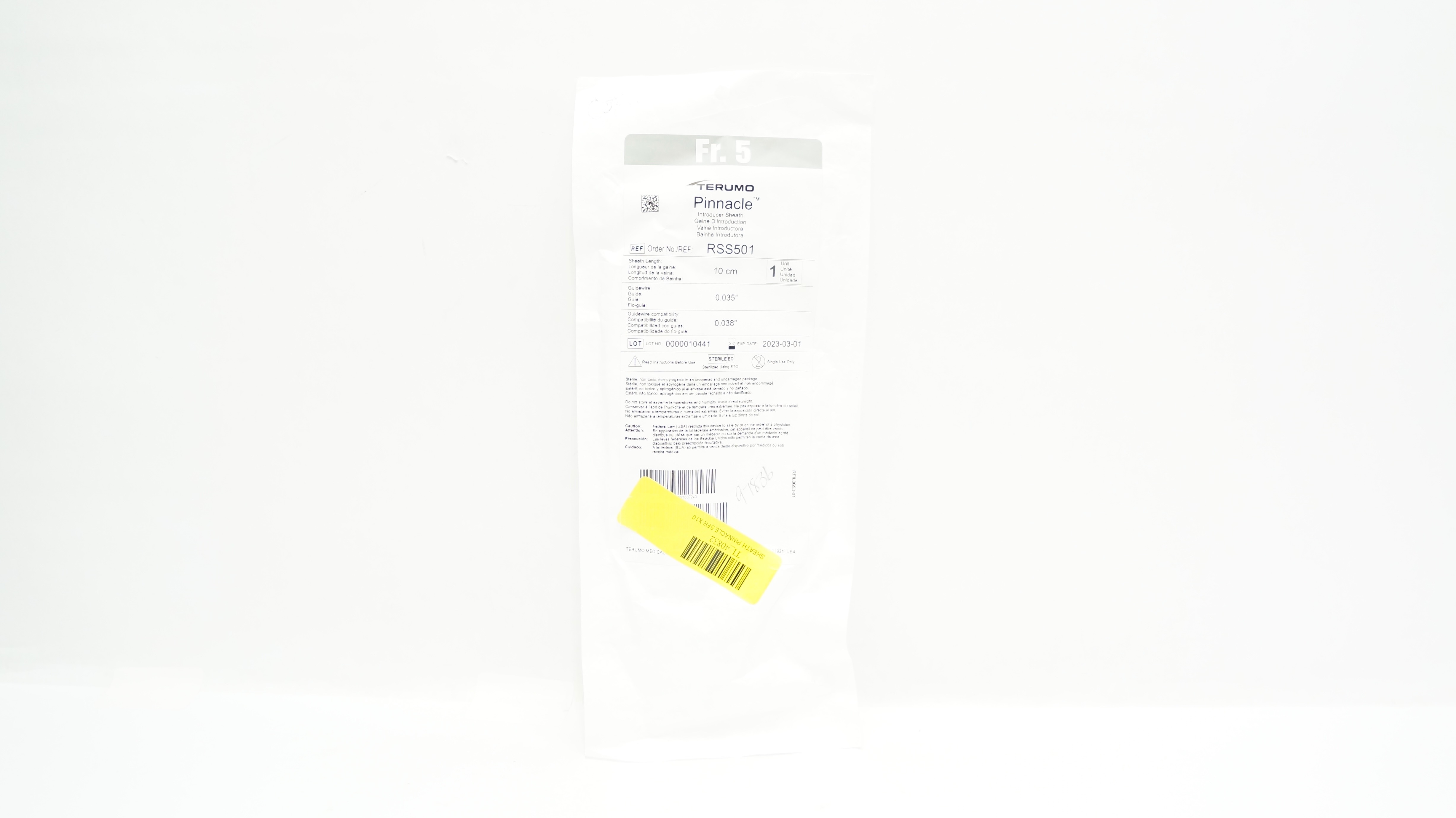 Terumo RSS501 Pinnacle Introducer Sheath 5 Fr. 10cm x 0.035inch x 0.038inch