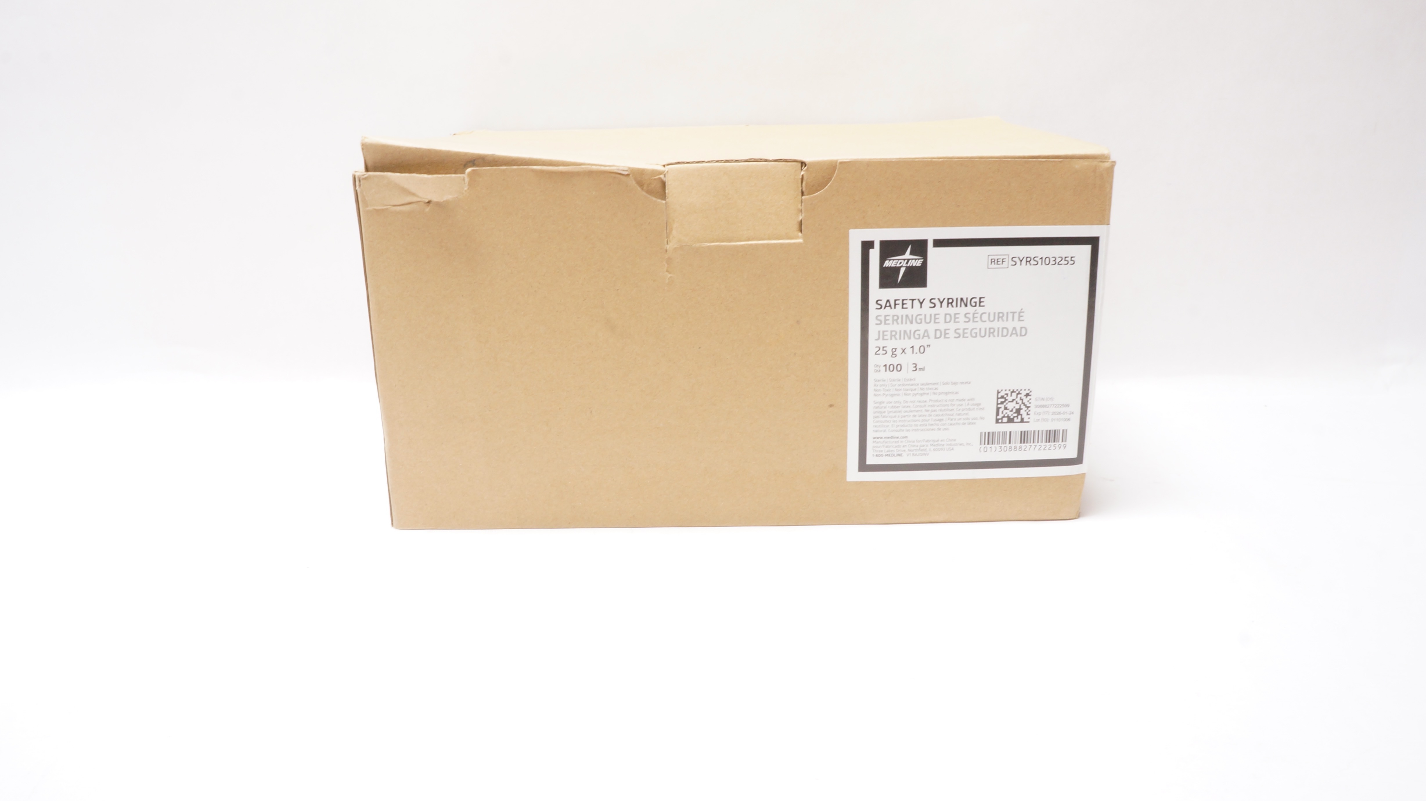 Medline SYRS103255 Safety Syringe 25g x 1.0inch - Box of 100