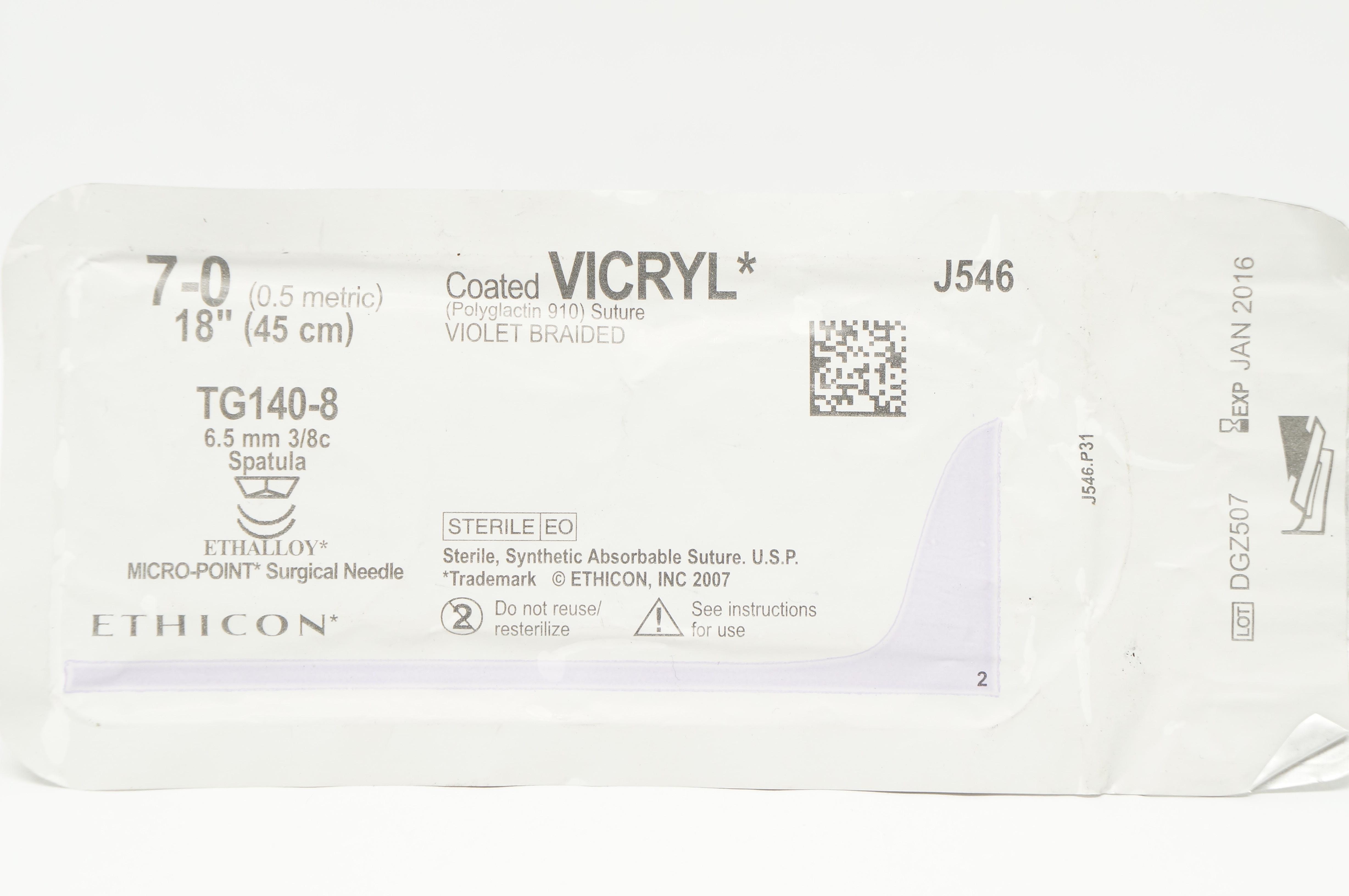 Ethicon J546 7-0 Coated Vicryl Stre TG140-8 6.5mm 3/8c Spatula 18inch (x)