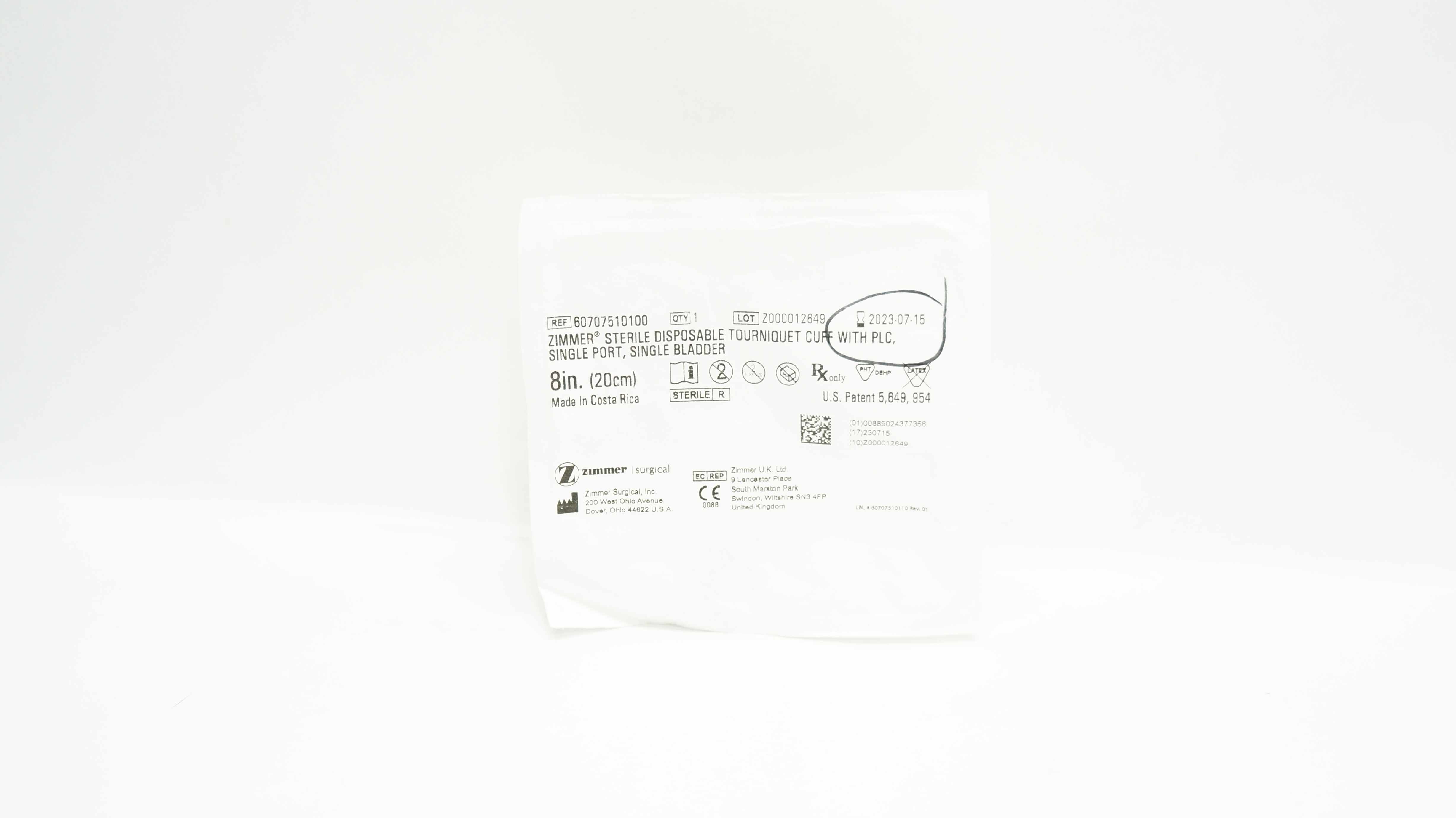 Zimmer 60707510100 Disposable Tourniquet Cuff w/PLC, Port Bladder 8inch (x)