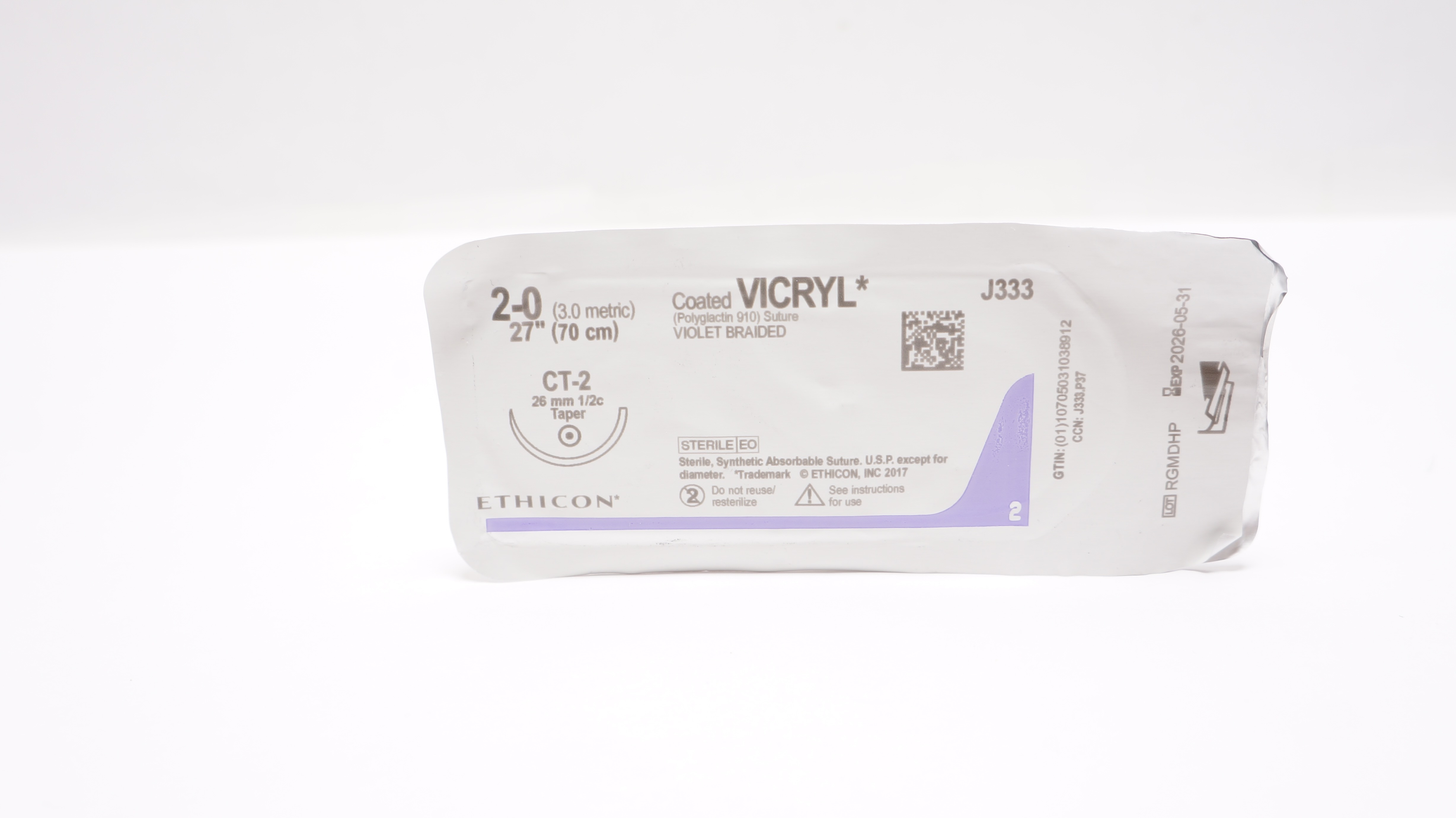Ethicon J333 2-0 Coated VICRYL Polyglactin Stre CT-2 26mm 1/2c Taper, 27inch