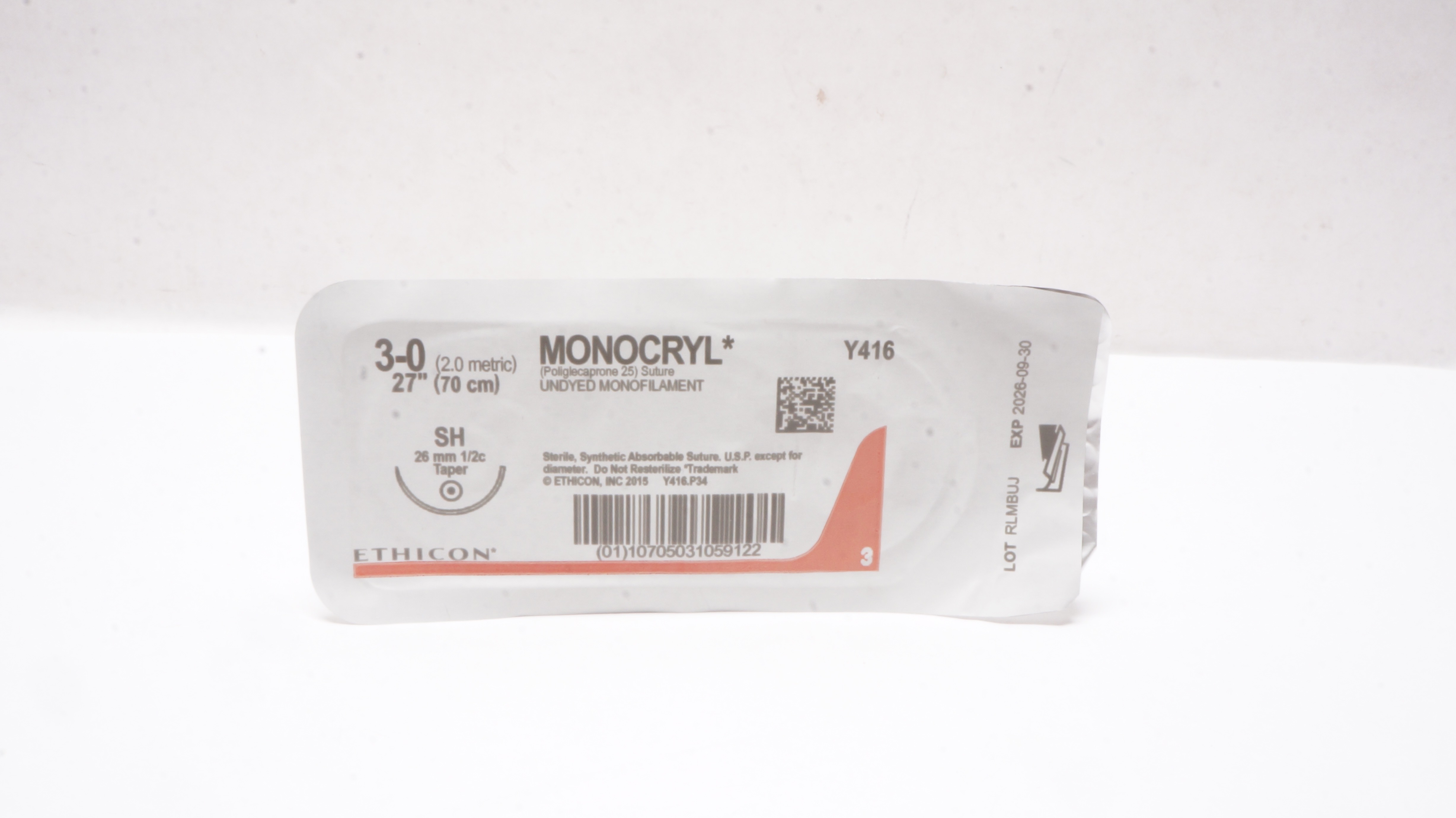 Ethicon Y416 3-0 Monocryl Undyed Monofilament Stre SH 26mm 1/2c Taper 27inch