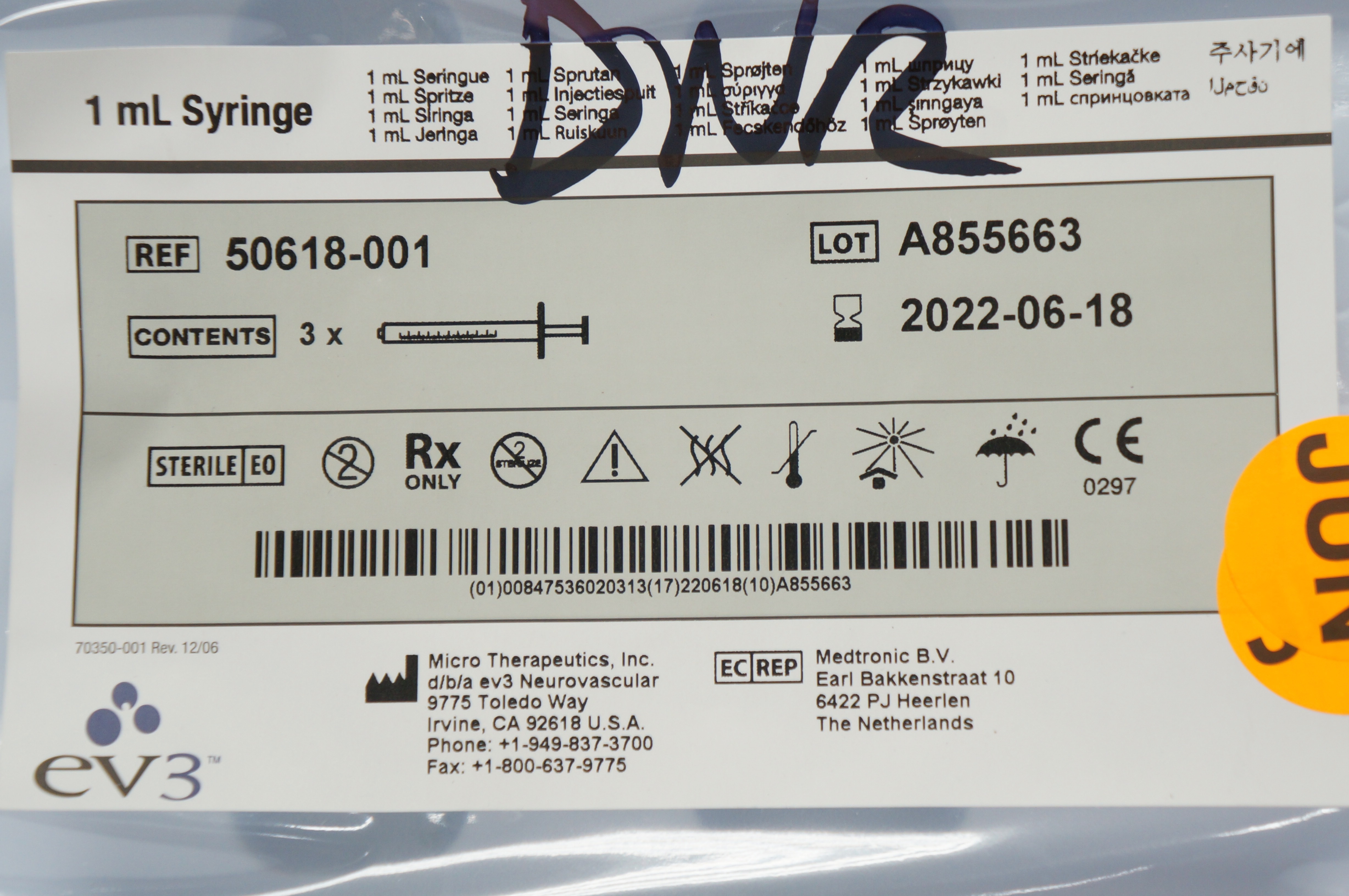 Micro Therapeutics 50618-001 1ml Syringe - Pack of 3 (x)