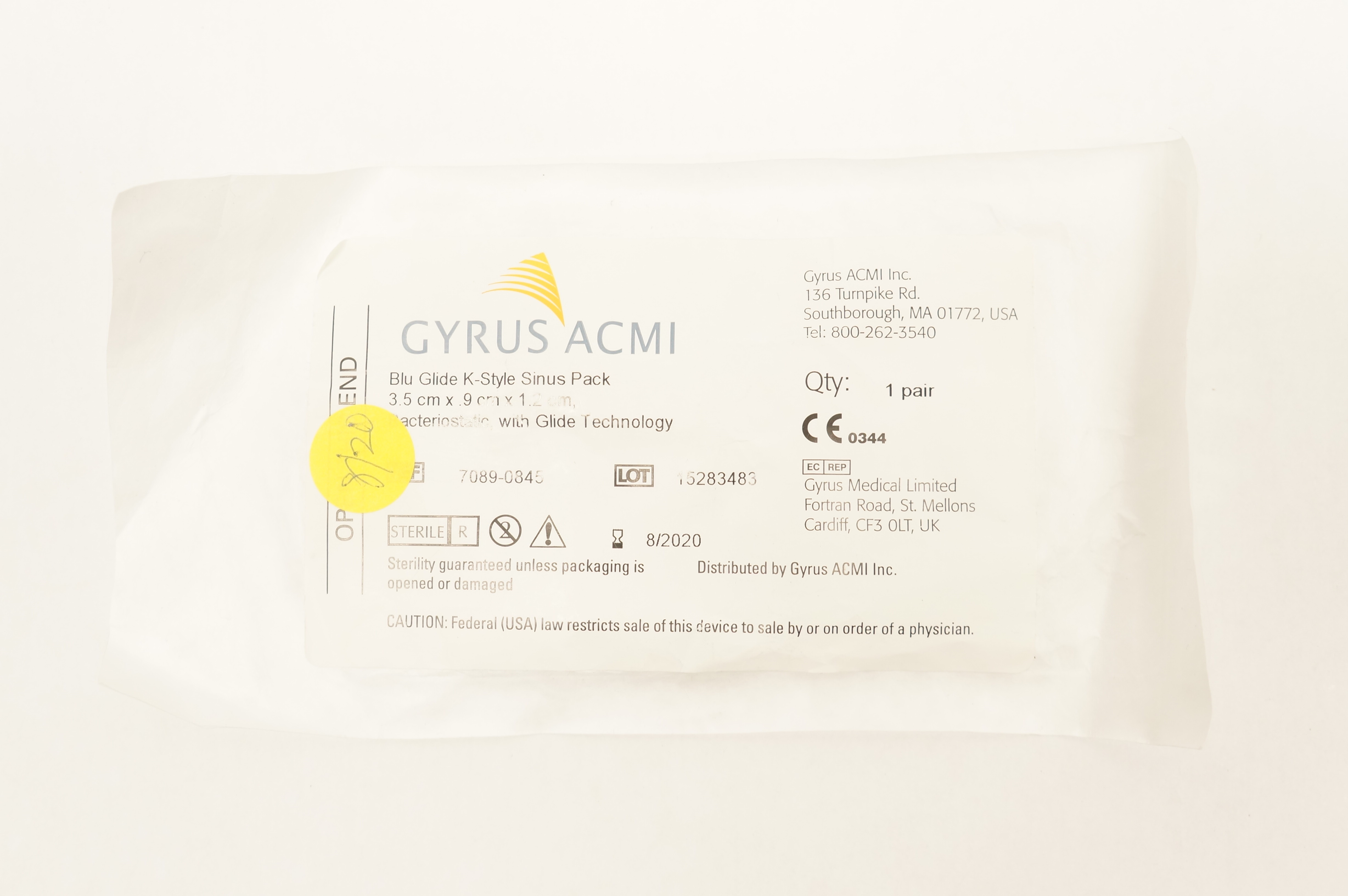 Gyrus ACMI 7089-0845 Blu Glide K-Style Sinus Pack 3.5cm x 9cm x 1.2cm (x)