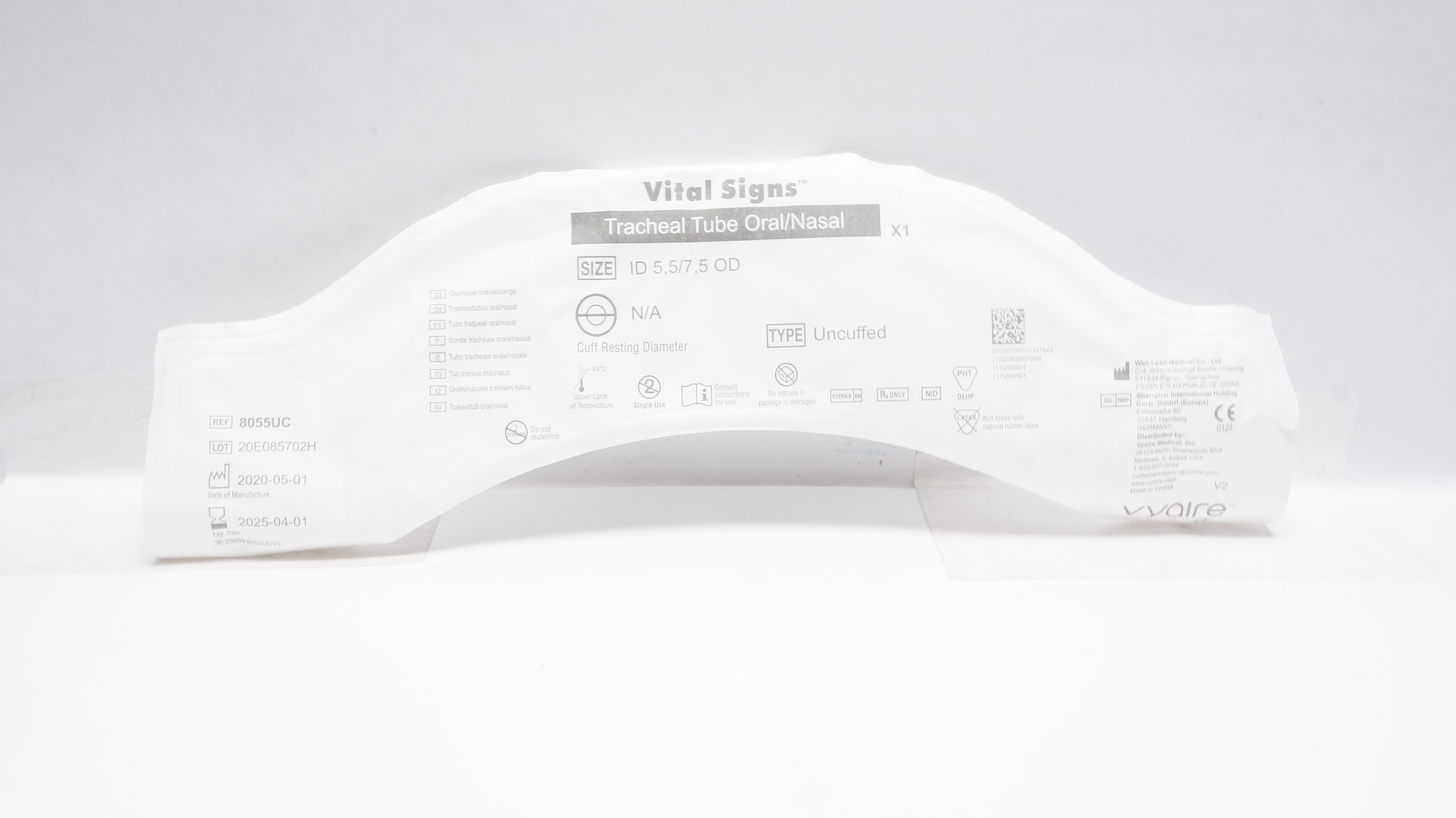 Vyaire 8055UC Vital Signs Tracheal Tube Oral/Nasal, Uncuffed 5.5mm ID x 7.5mm OD