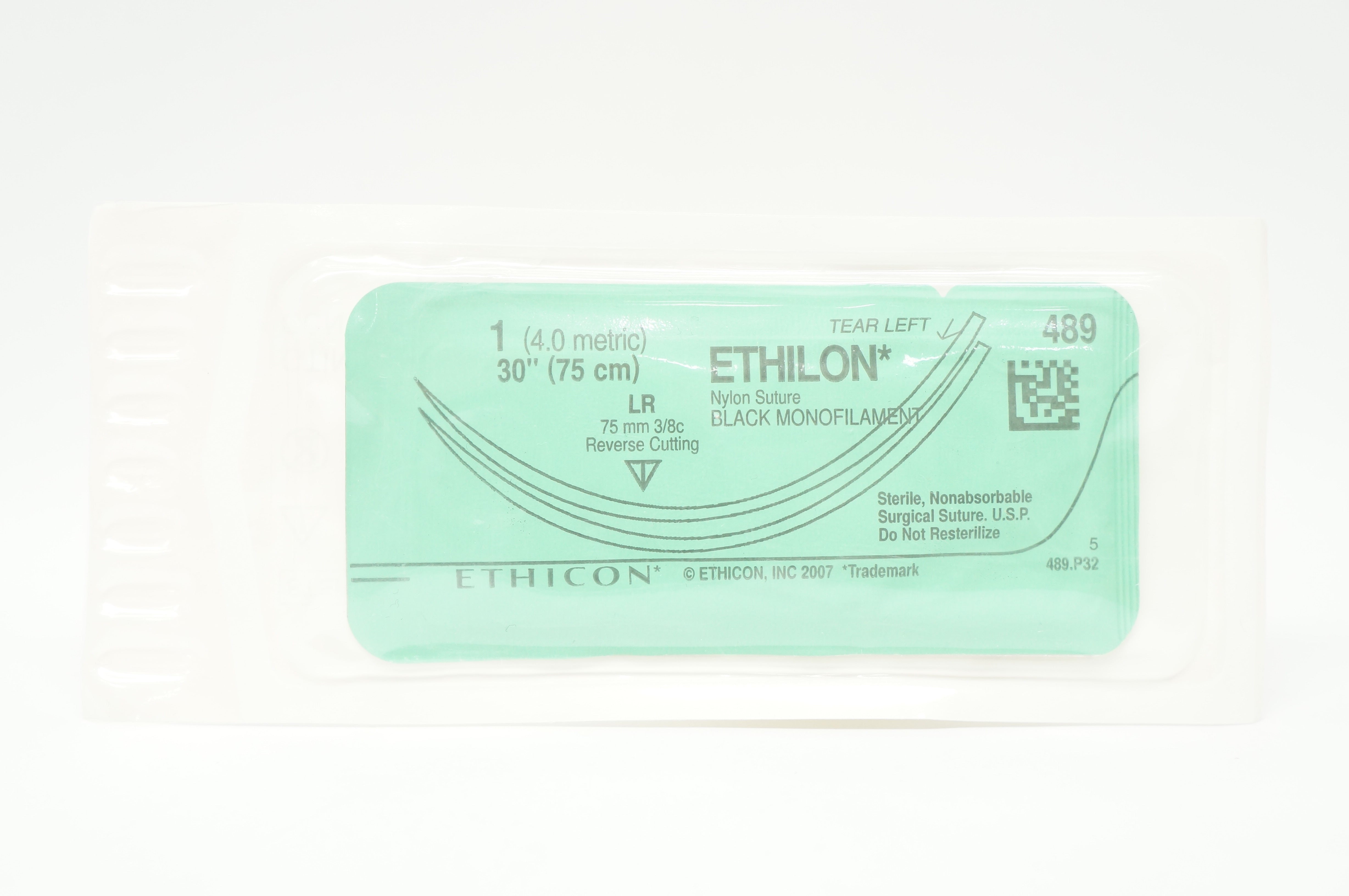 Ethicon 489 1 ETHILON Nylon LR 75mm 3/8c Reverse Cutting, 30inch (x)