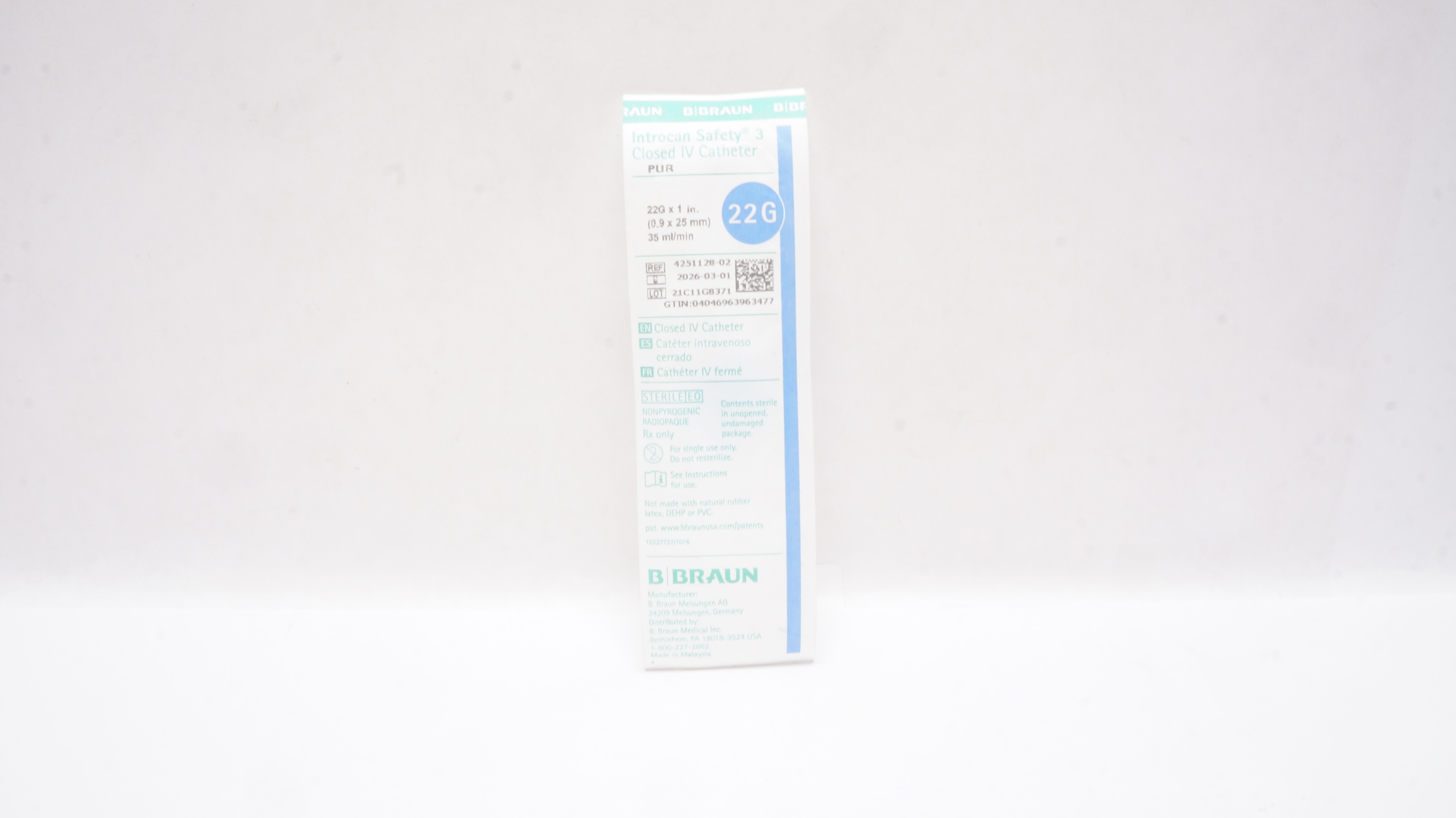B.Braun 4251128-02 Introcan Safety 3 Closed IV Cath. 22G x 1inch x 35ml/min