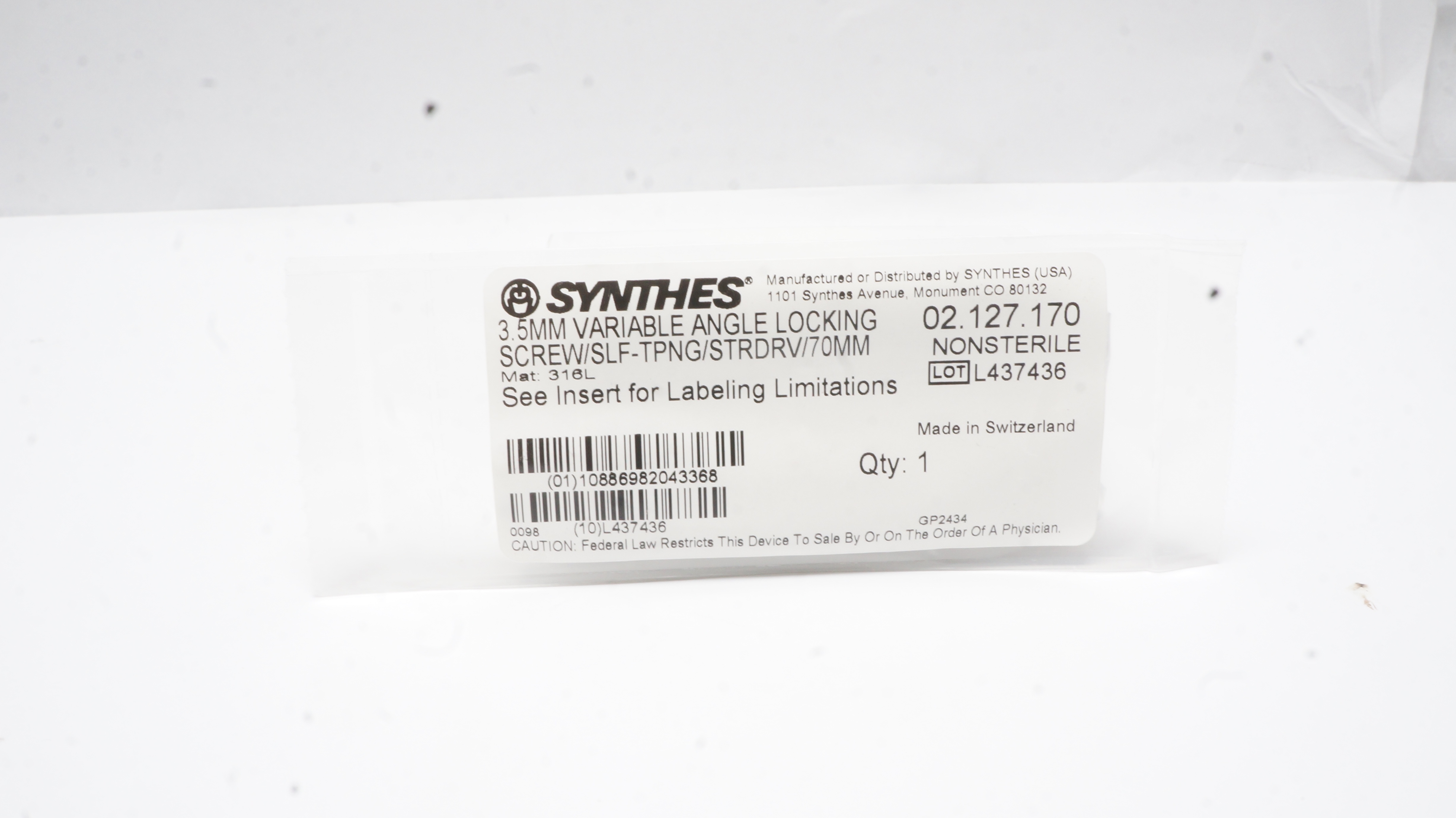 Synthes 02.127.170 3.5mm VA Locking Screw Self-Tapping Stardrive 70mm
