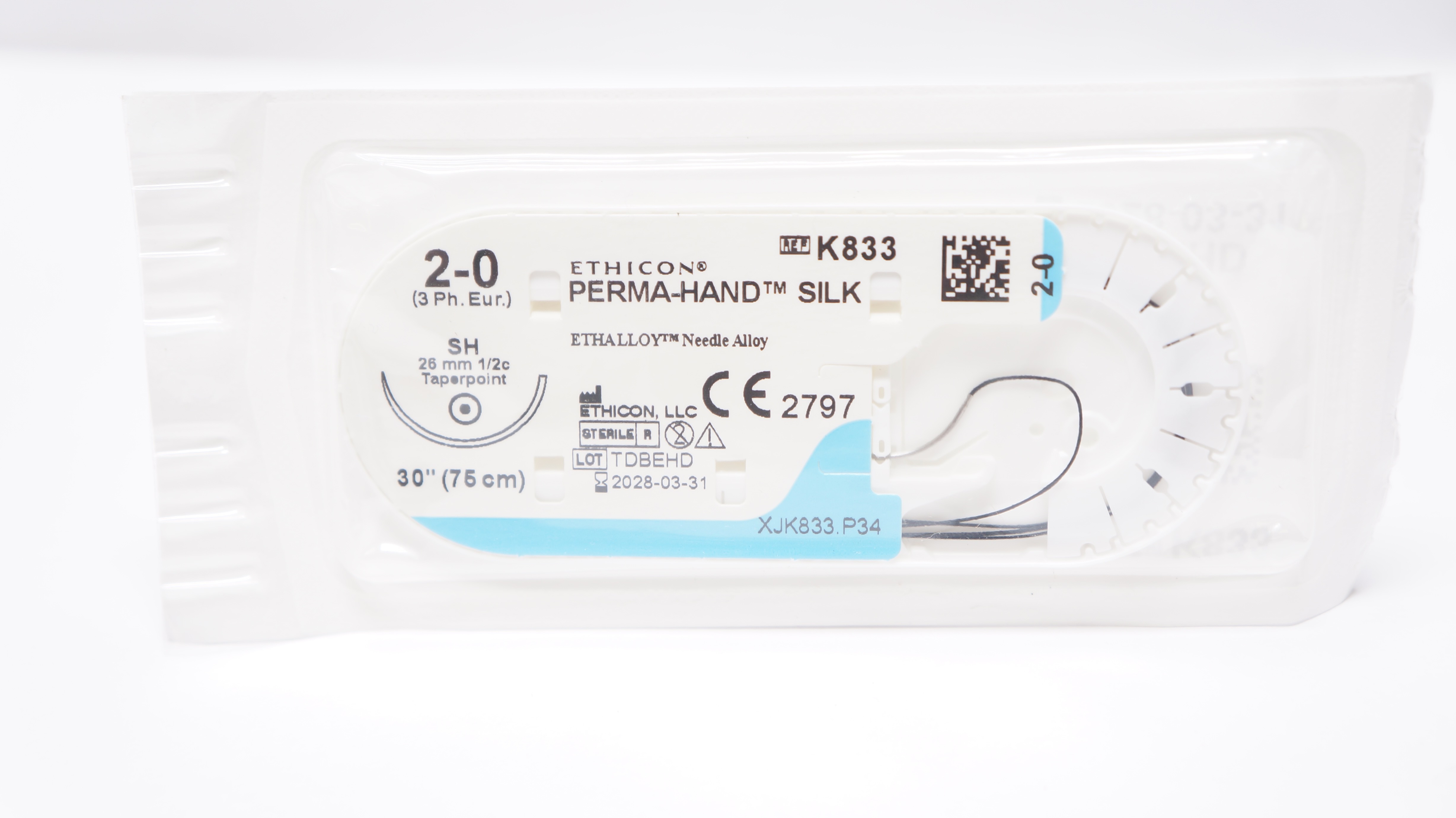 Ethicon K833 2-0 PERMA-HAND SILK Stre SH 26mm 1/2c Taperpoint, 30inch