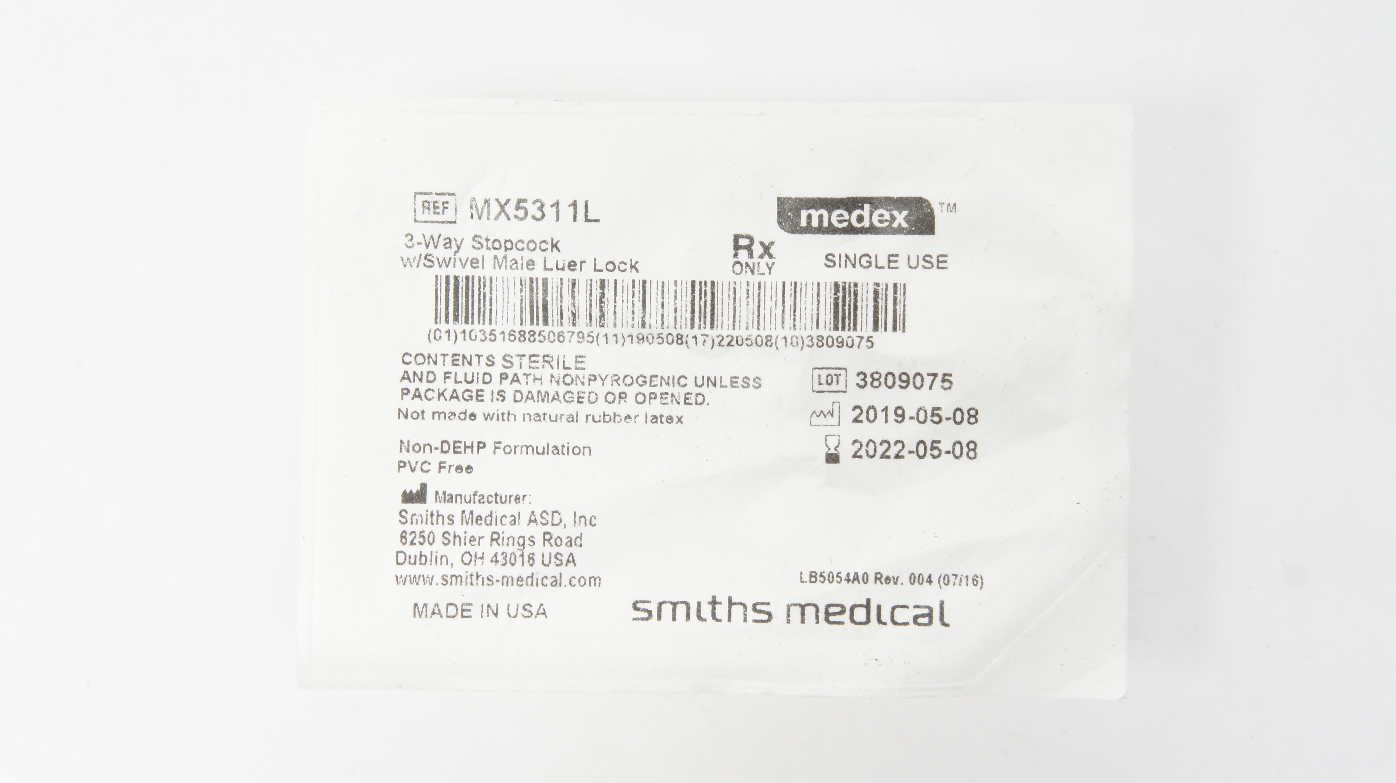 Smiths Medical MX5311L Medex 3-Way Stopcock w/Swivel Male Luer Lock (x)