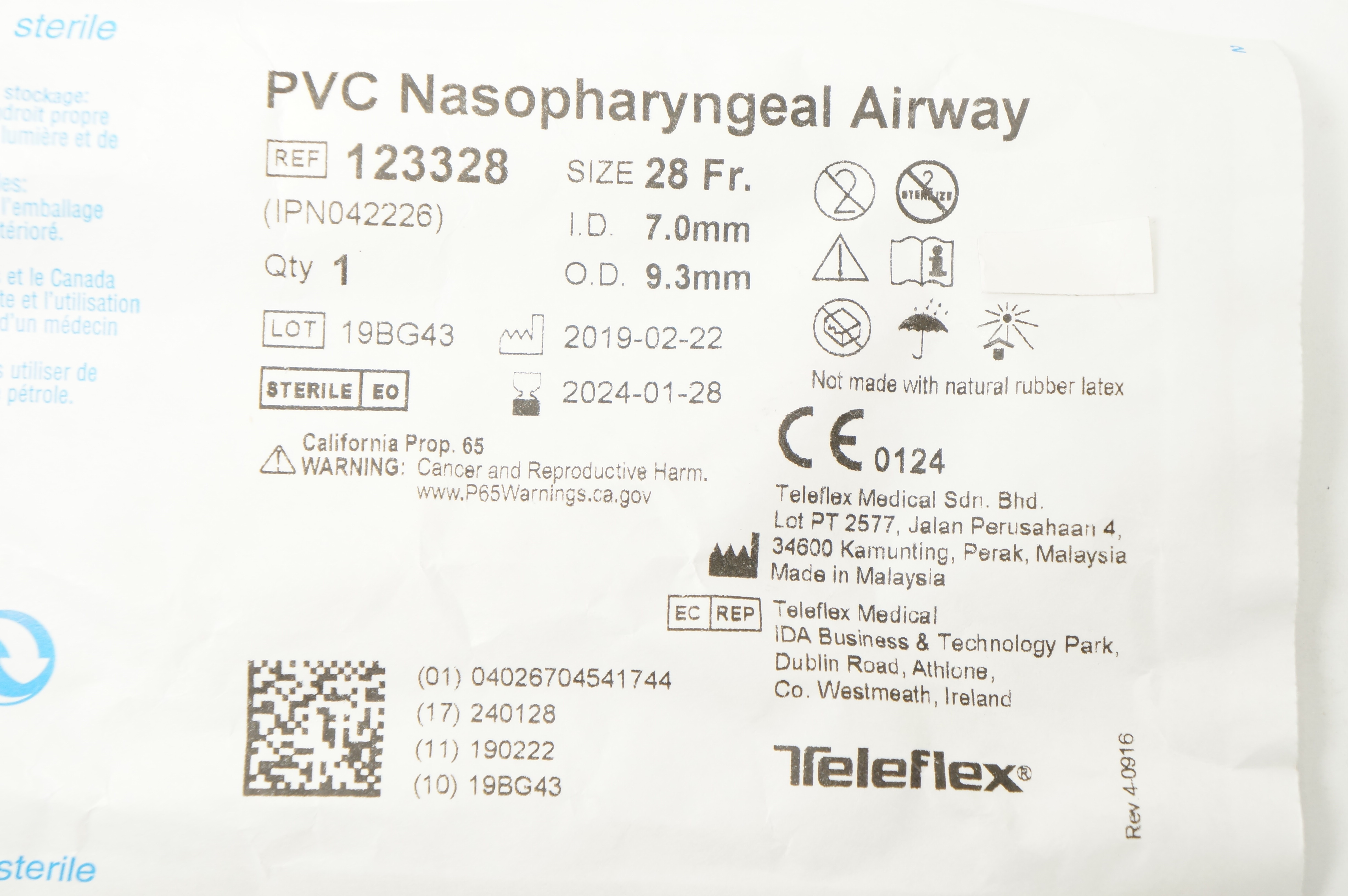 Teleflex 123328 RUSCH PVC Nasopharyngeal Airway 28Fr. x 7.0mm ID x