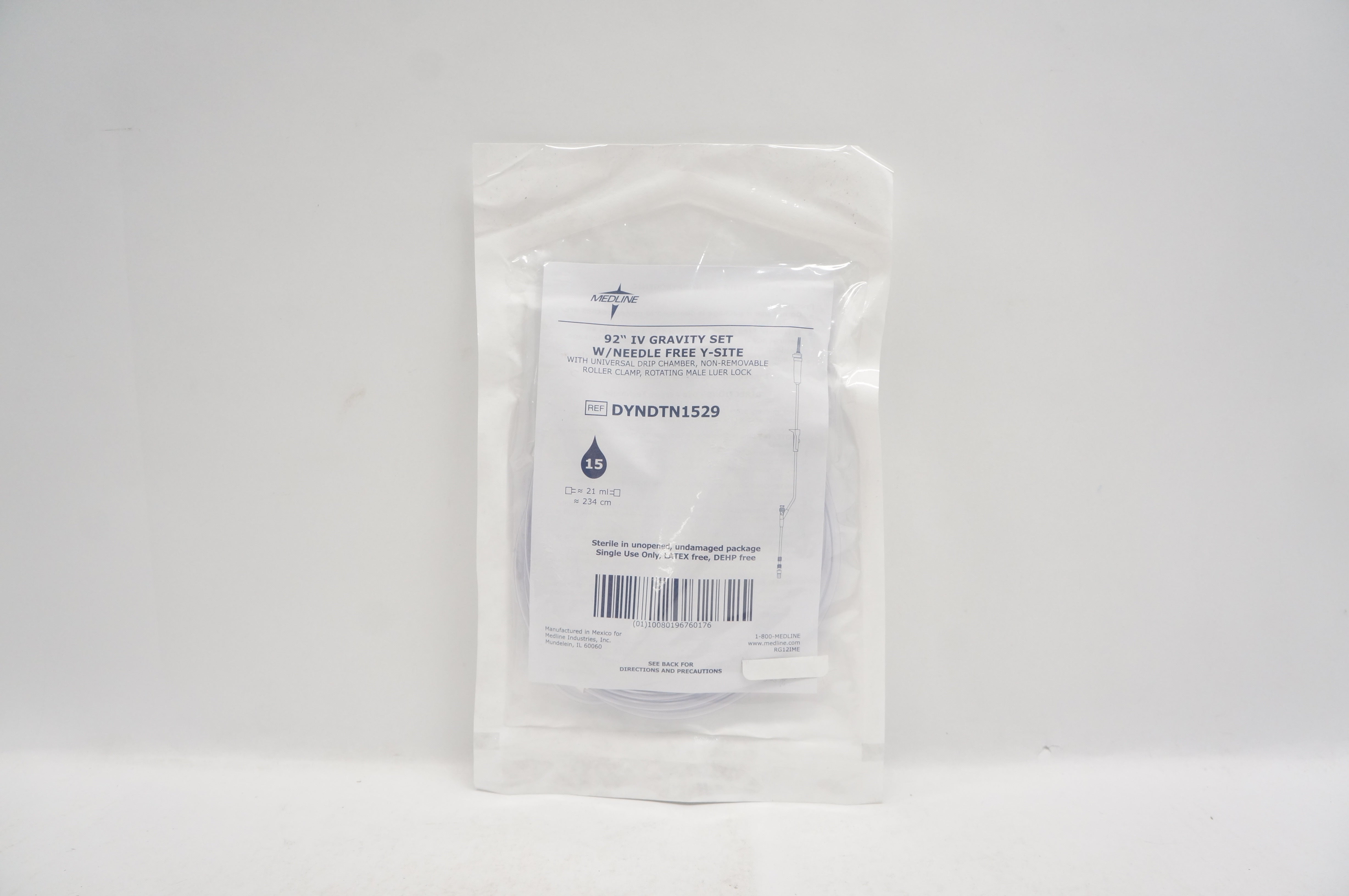 Medline DYNDTN1529 92inch IV Gravity Set W/Ndle Free Y-Site 21ml, 234cm