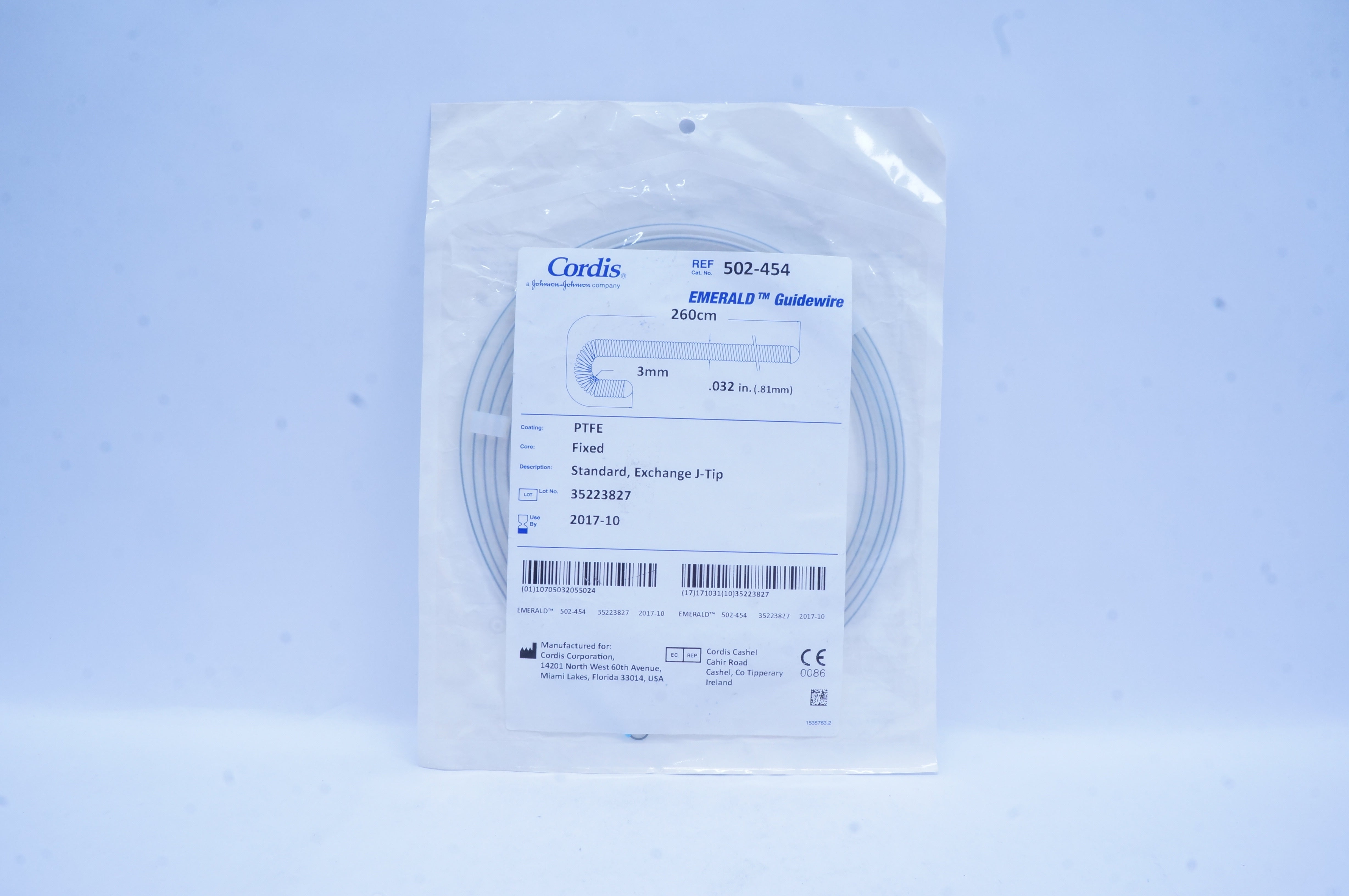 Cordis 502-454 Emerald Guidewire Fixed Standard Exhange J-Tip 260cm x 0.032in(x)