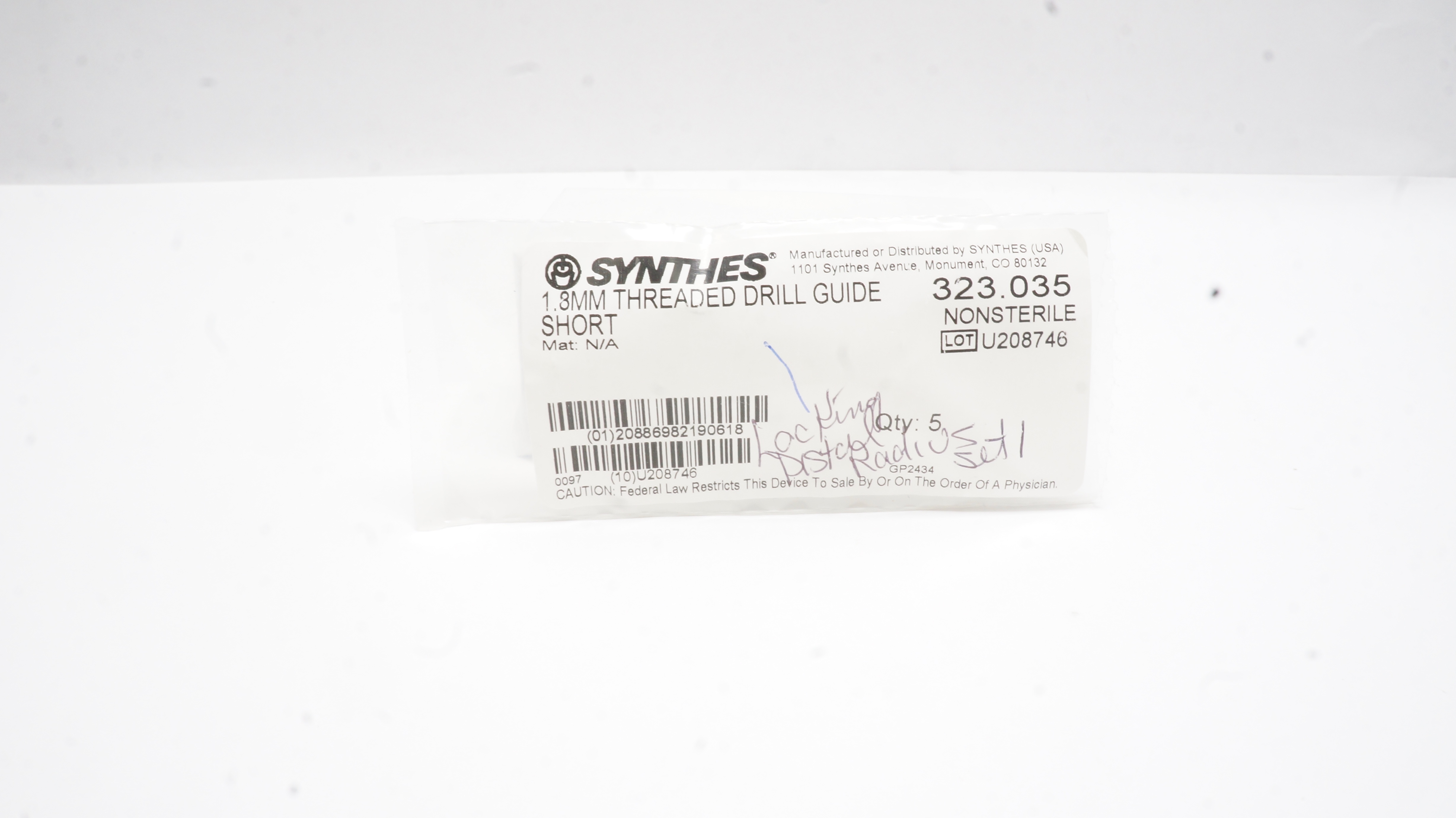 Synthes 323.035 1.8mm Threaded Drill Guide Short