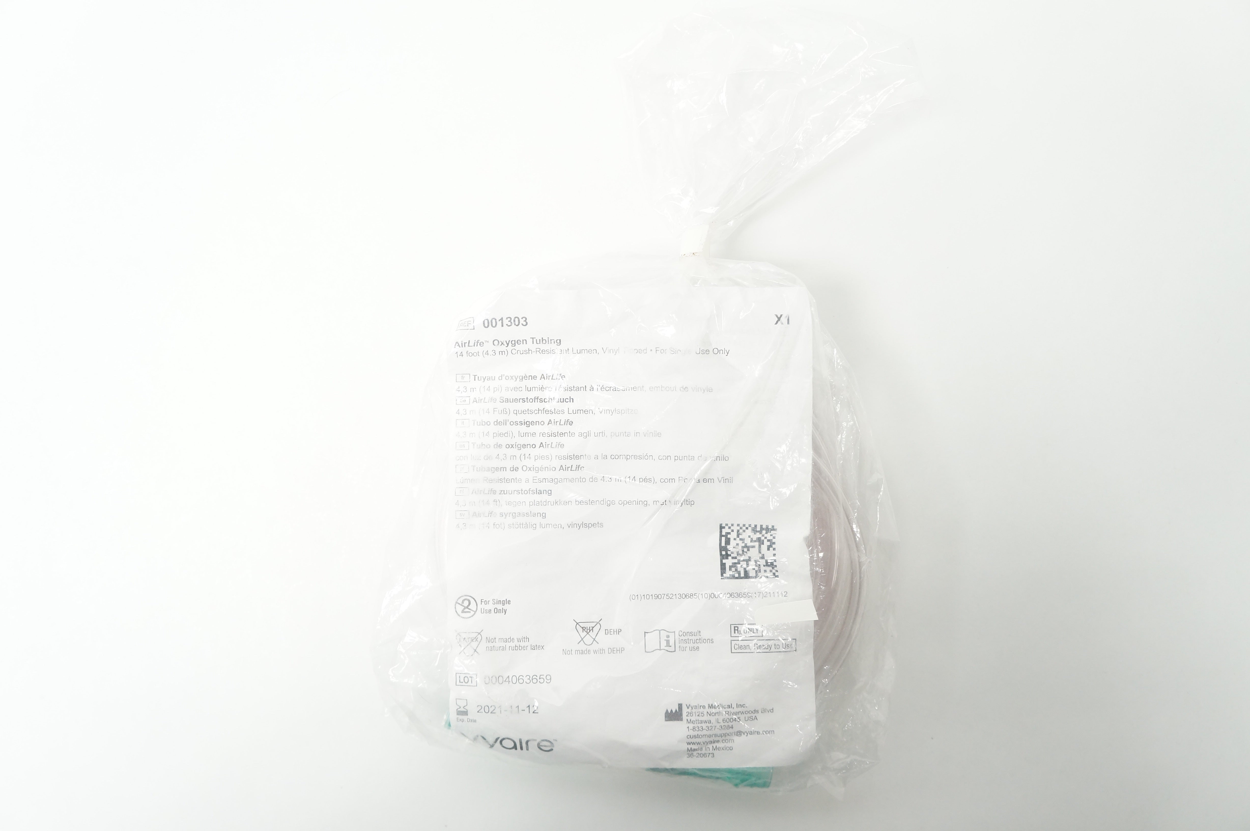 Vyaire 001303 AirLife Oxygen Tubing 14ft. Crush Resistant Lumen, Vinyl Tipped(x)